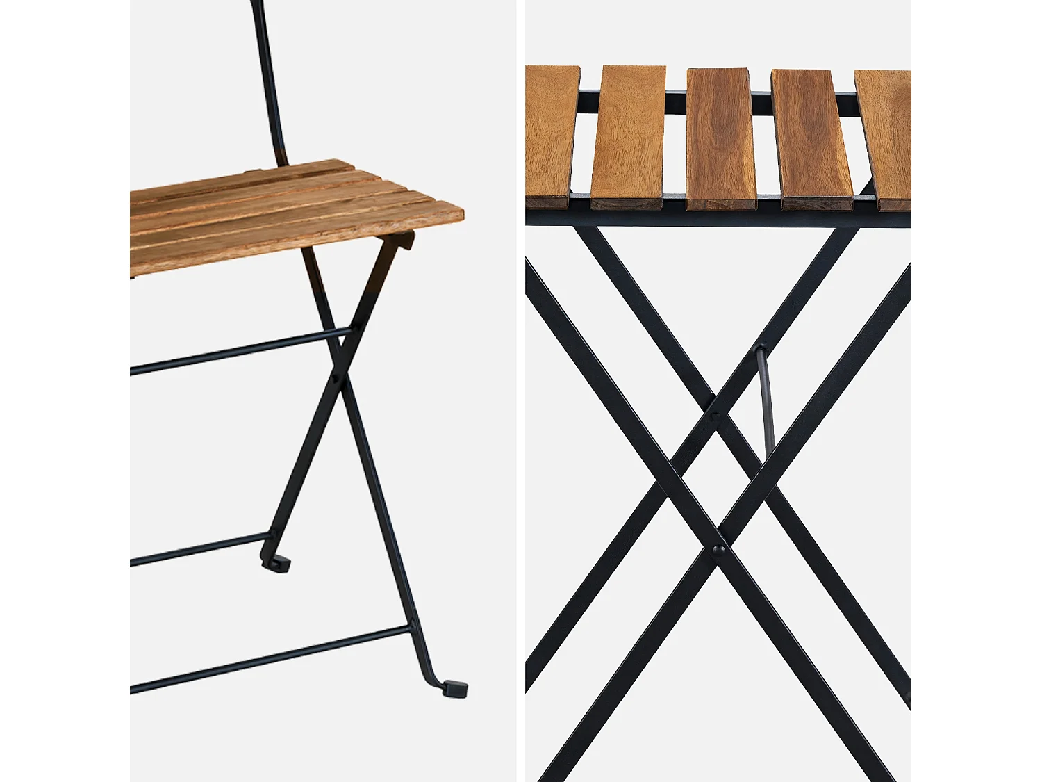 Table de bistrot pliante bois d'acacia et métal + 2 assises 55 x 54 cm