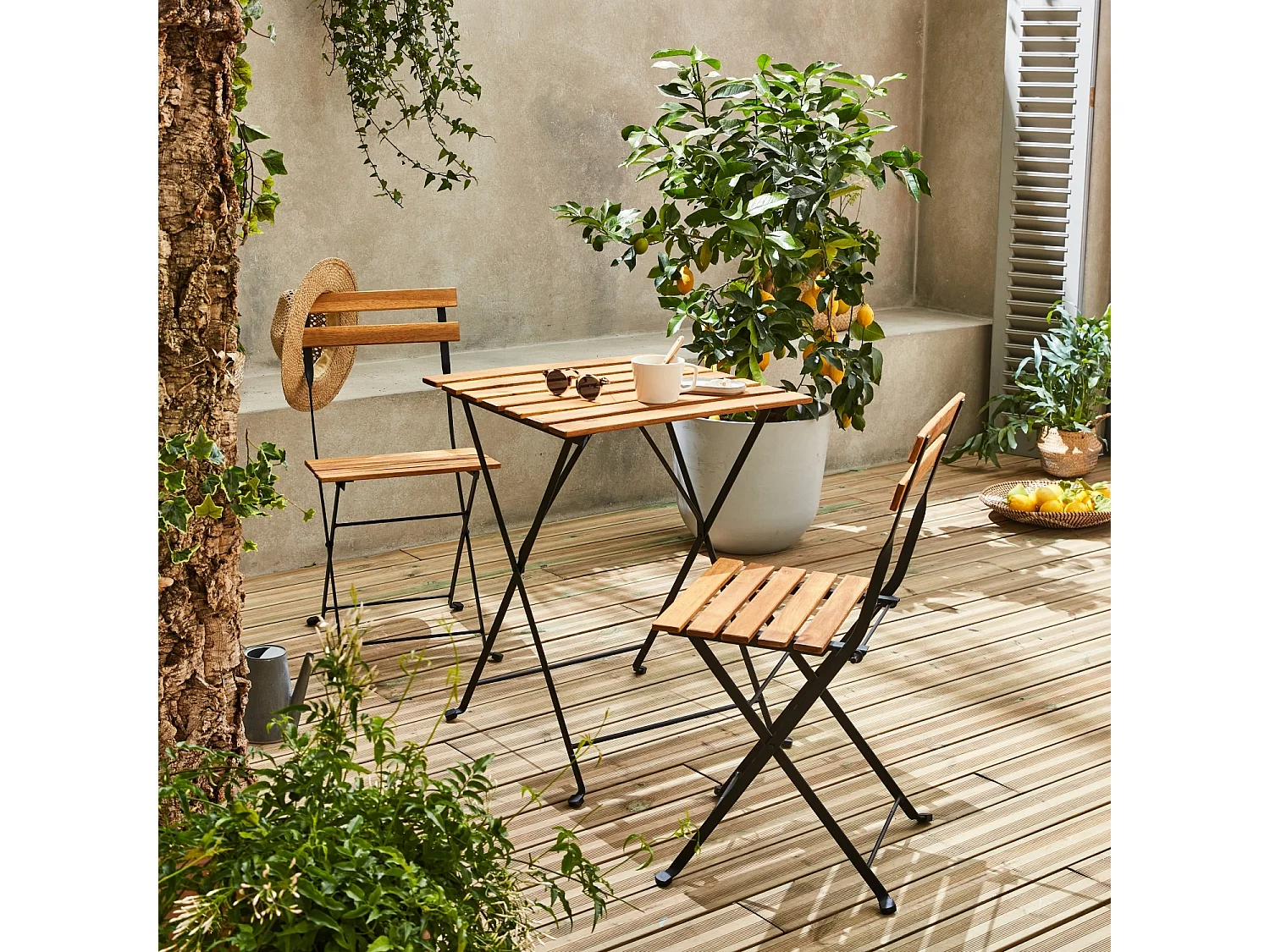 Table de bistrot pliante bois d'acacia et métal + 2 assises 55 x 54 cm