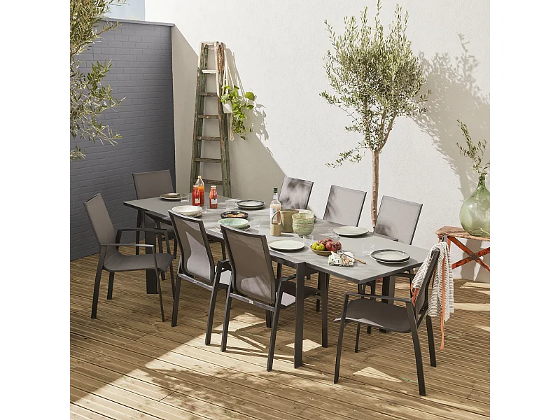 Mesa de jardín extensible de aluminio con 8 sillas gris oscuro