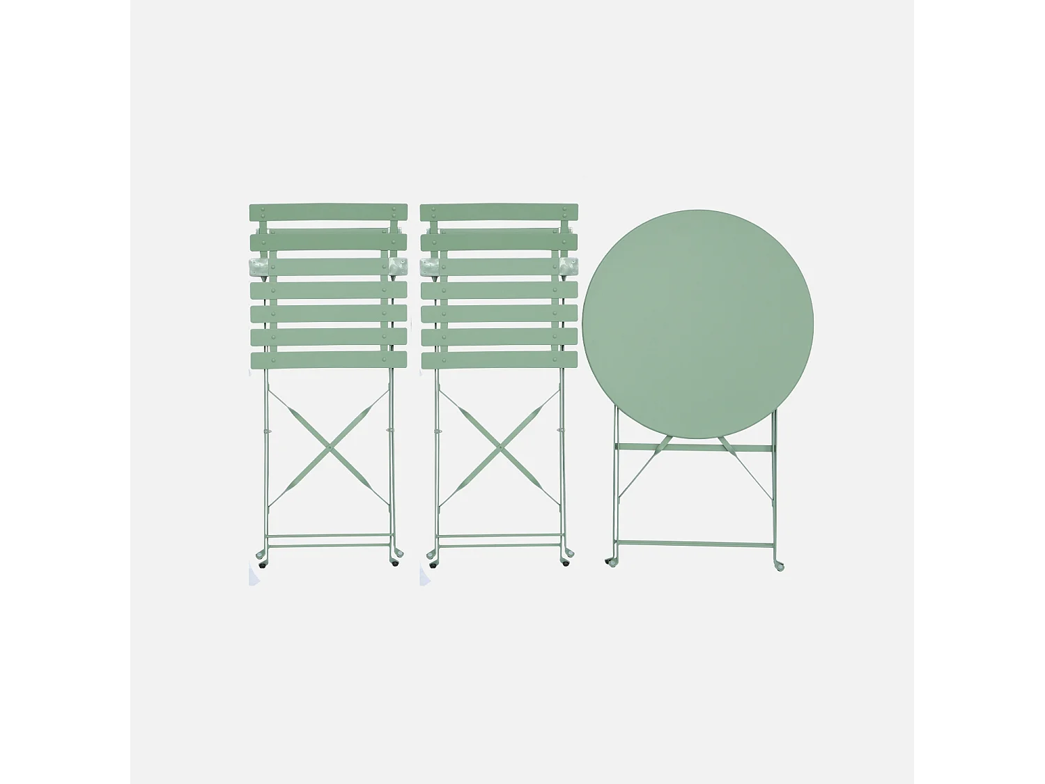Table de jardin bistrot pliante métal + 2 assises vert de gris Ø60 x 70cm. acier thermolaqué