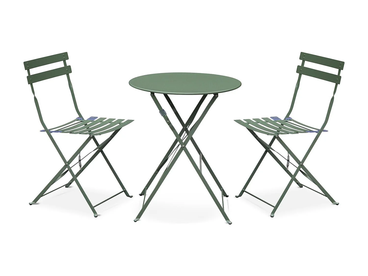Table de jardin bistrot pliante métal + 2 assises vert de gris Ø60 x 70cm. acier thermolaqué