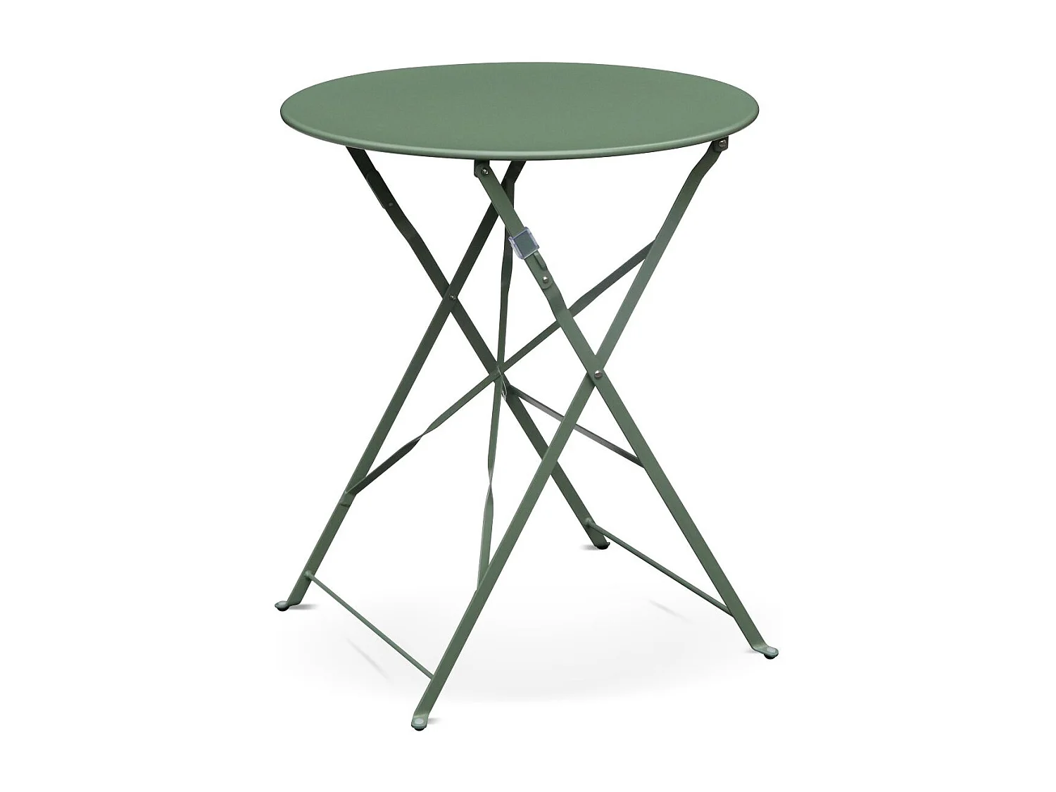 Table de jardin bistrot pliante métal + 2 assises vert de gris Ø60 x 70cm. acier thermolaqué