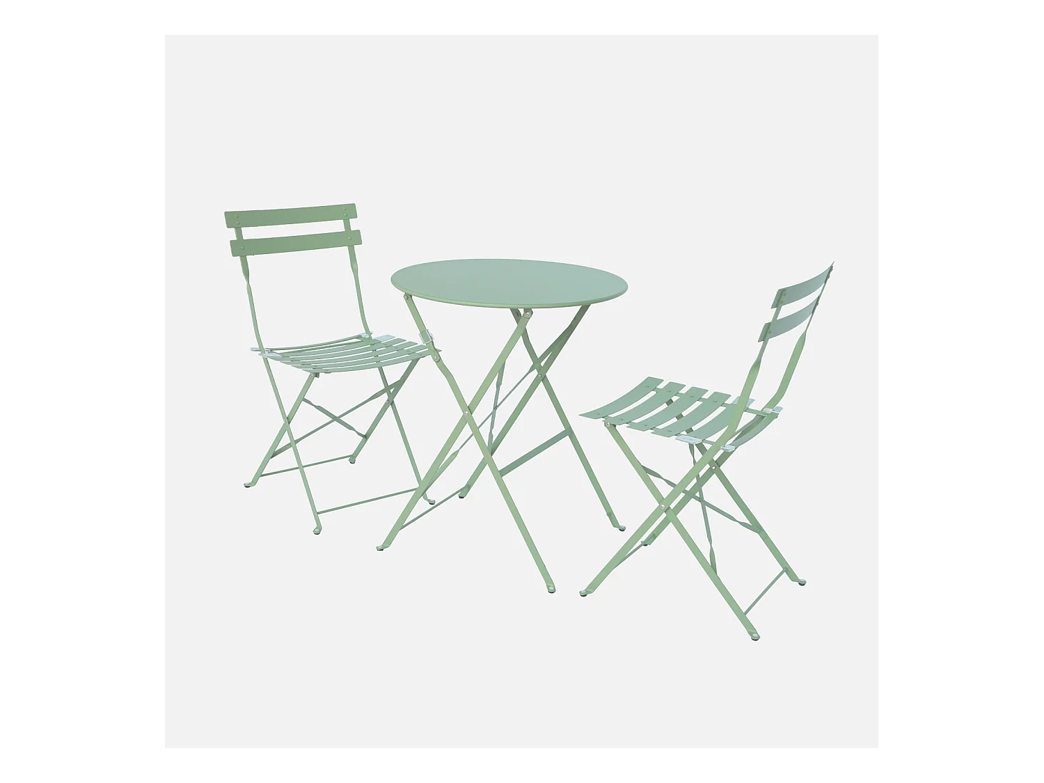Table de jardin bistrot pliante métal + 2 assises vert de gris Ø60 x 70cm. acier thermolaqué