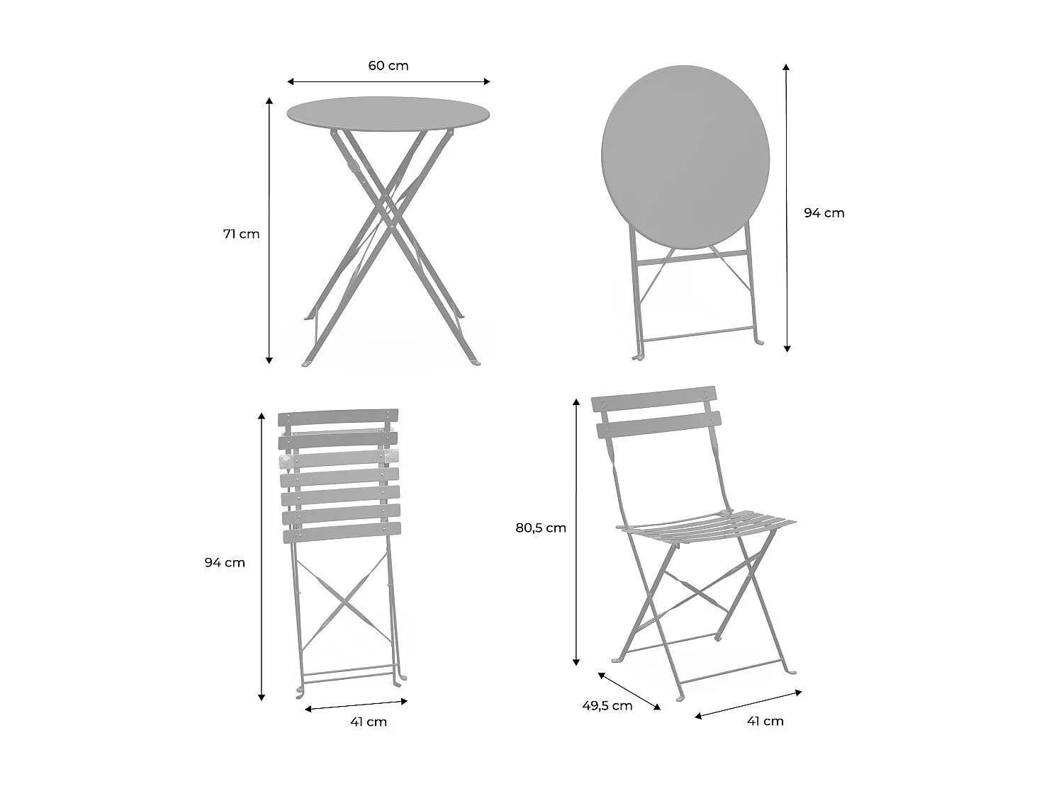 Set mesa de jardín bistró plegable de acero con 2 sillas,  ø60cm verde