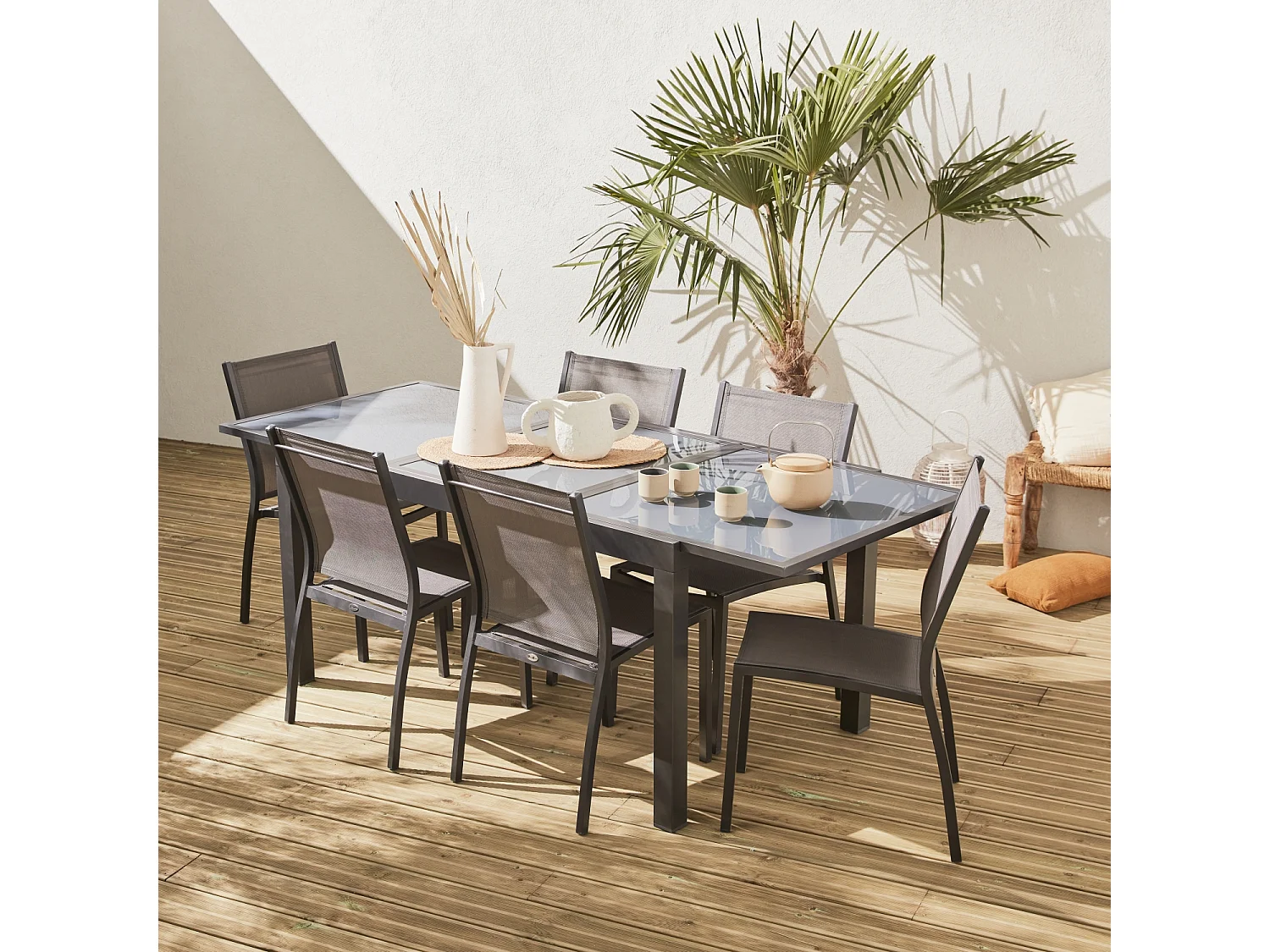 Mesa de jardín extensible de aluminio con 6 sillas gris
