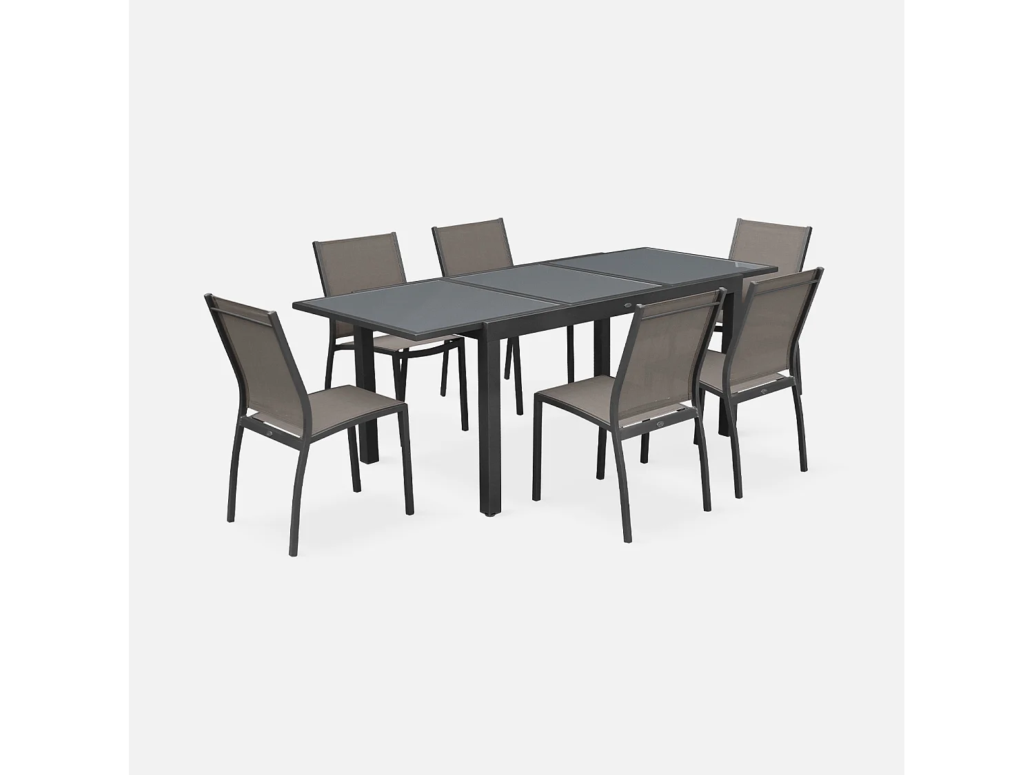 Table de jardin extensible aluminium + 6 assises - Orlando Gris taupe - Table en aluminium 150/210cm. plateau de verre. rallonge et 6 chaises en textilène