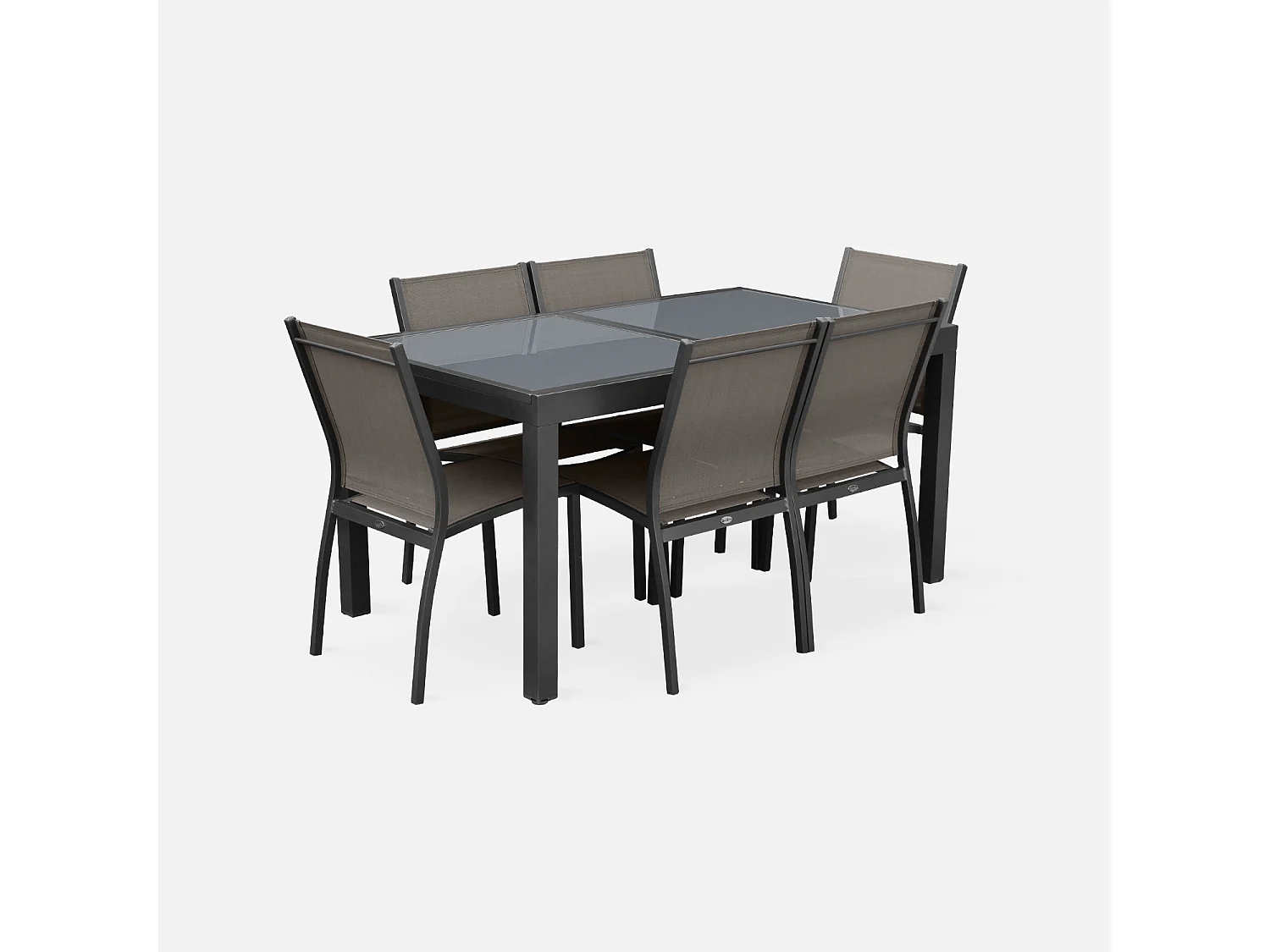 Table de jardin extensible aluminium + 6 assises - Orlando Gris taupe - Table en aluminium 150/210cm. plateau de verre. rallonge et 6 chaises en textilène