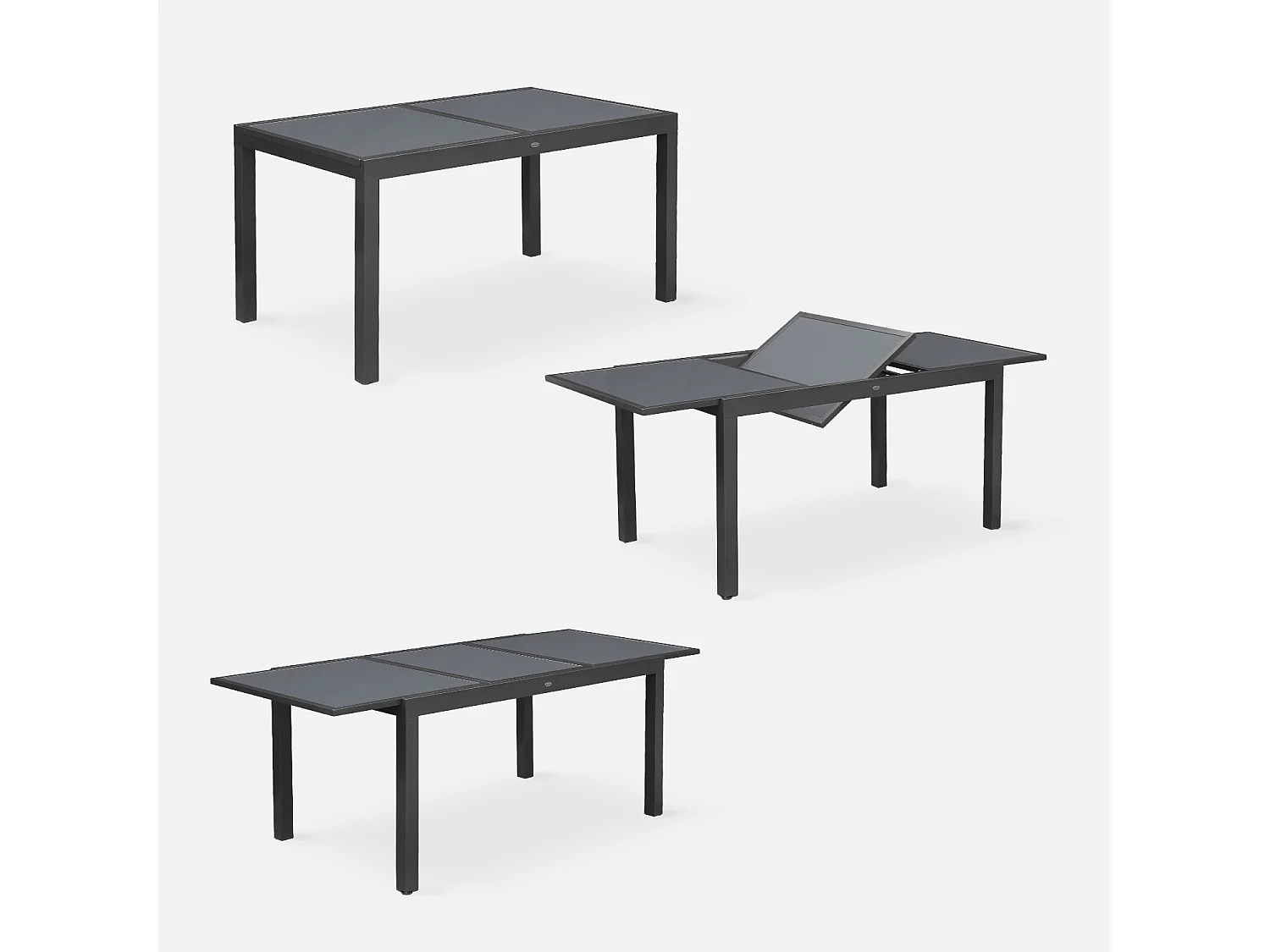 Table de jardin extensible aluminium + 6 assises - Orlando Gris taupe - Table en aluminium 150/210cm. plateau de verre. rallonge et 6 chaises en textilène