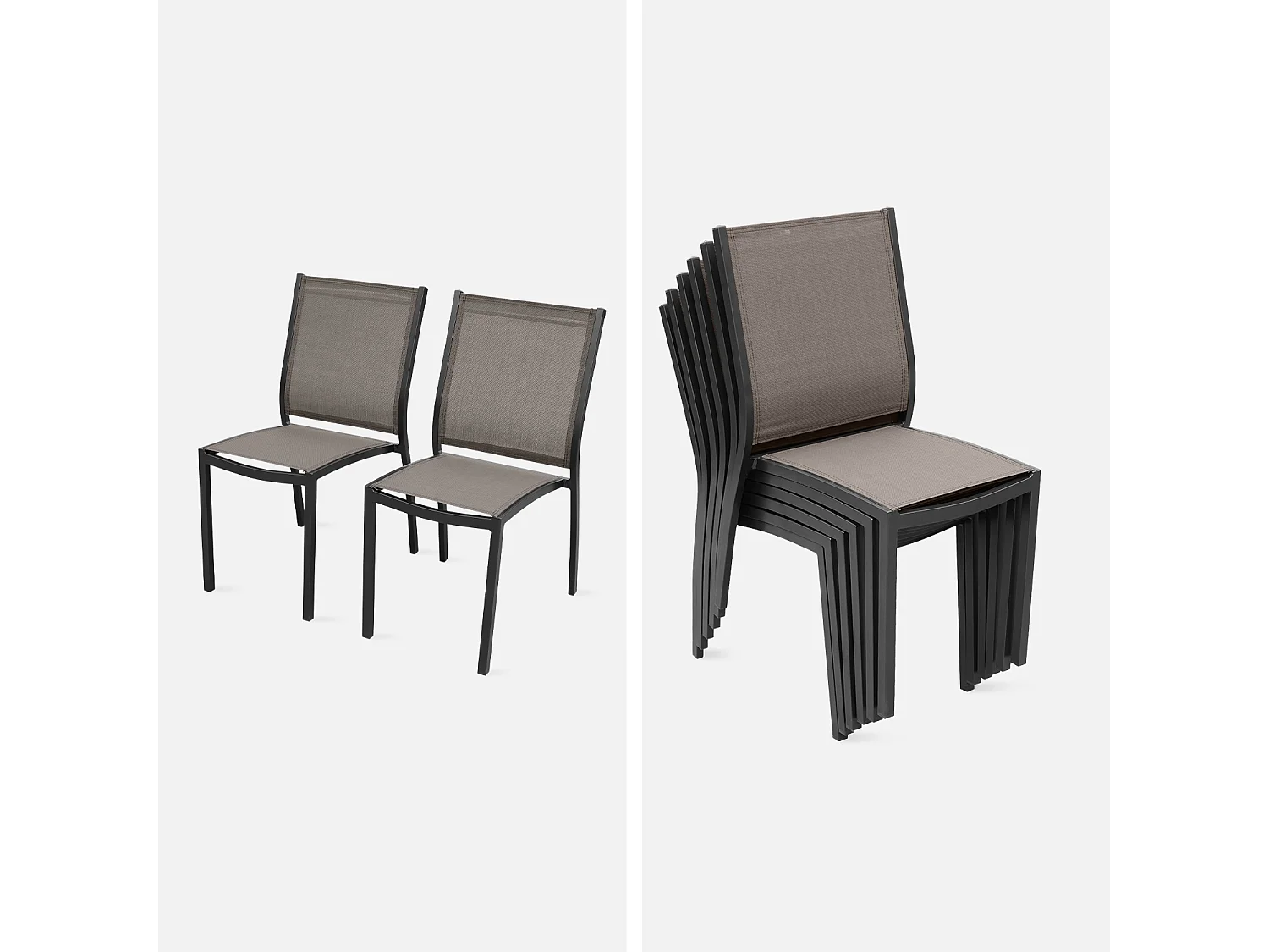 Table de jardin extensible aluminium + 6 assises - Orlando Gris taupe - Table en aluminium 150/210cm. plateau de verre. rallonge et 6 chaises en textilène