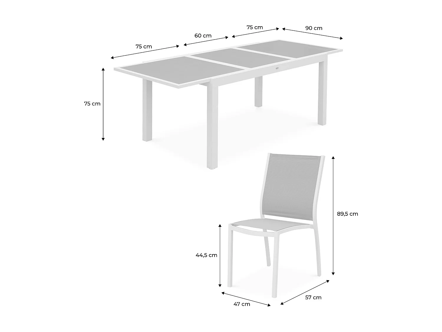 Table de jardin extensible aluminium + 6 assises - Orlando Gris taupe - Table en aluminium 150/210cm. plateau de verre. rallonge et 6 chaises en textilène