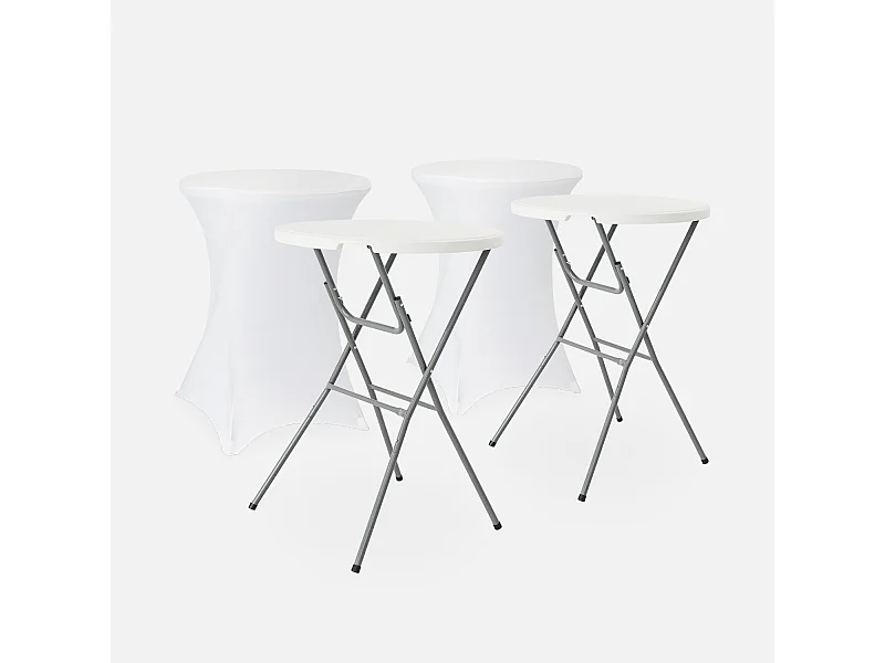Lot de 2 tables hautes de réception – GALA – Mange debout. pliables. Ø80cm x 110cm +  2 housses en polyester. blanches