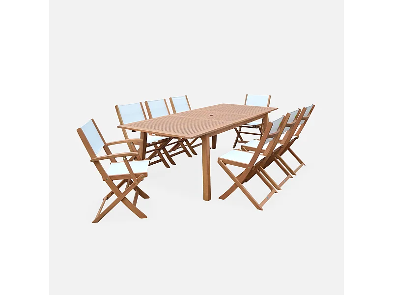 Mesa de jardín de madera extensible, 8 sillas madera
