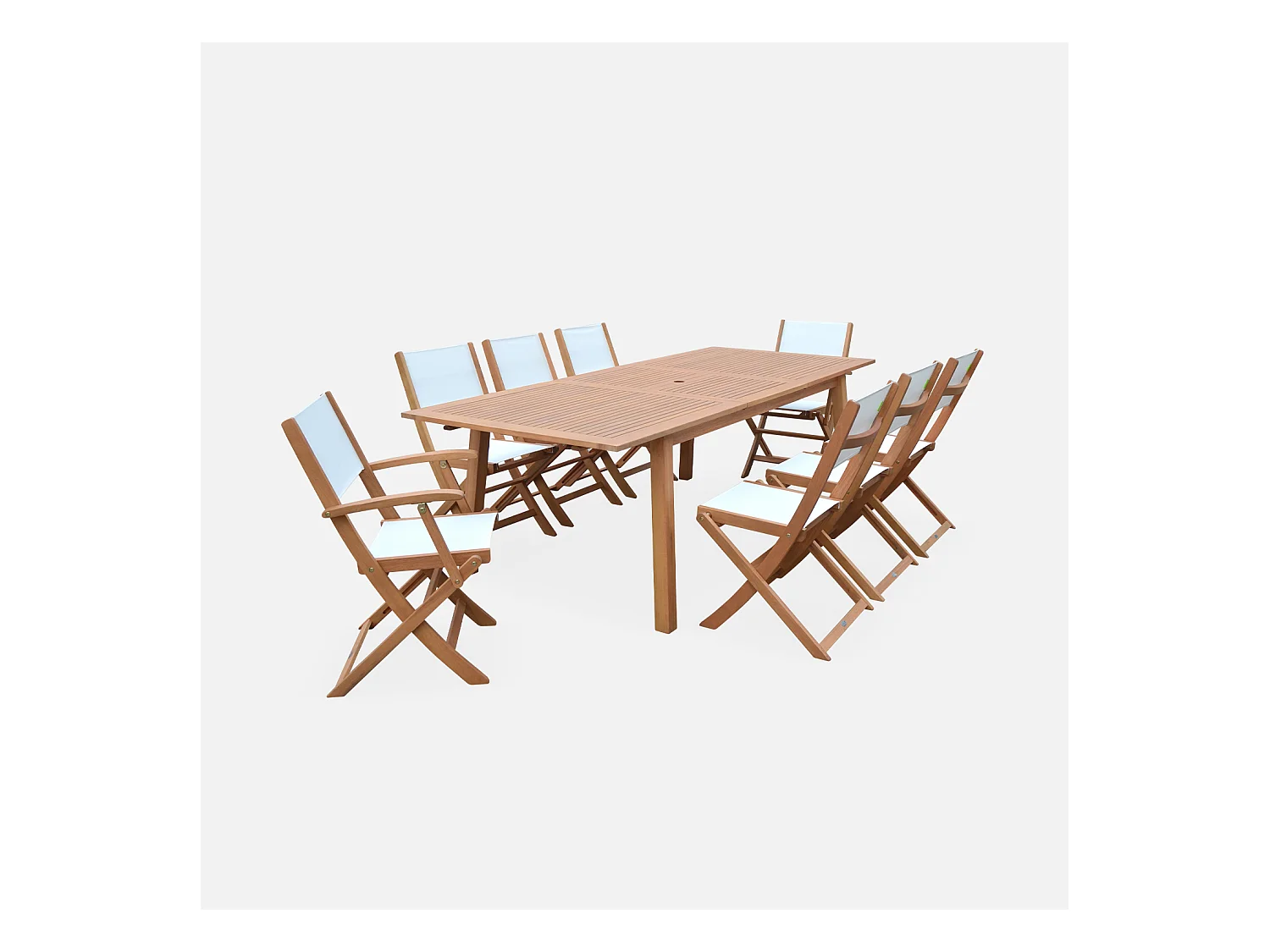 Table de jardin extensible bois d'eucalyptus + 8 assises en bois d'Eucalyptus huilé et textilène blanc