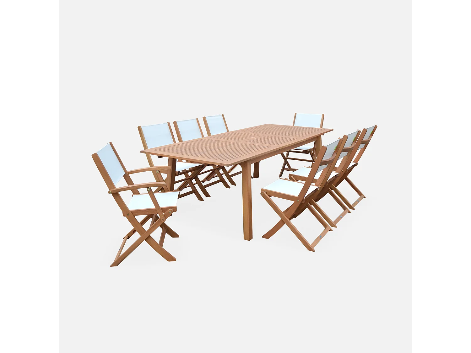 Table de jardin extensible bois d'eucalyptus + 8 assises en bois d'Eucalyptus huilé et textilène blanc