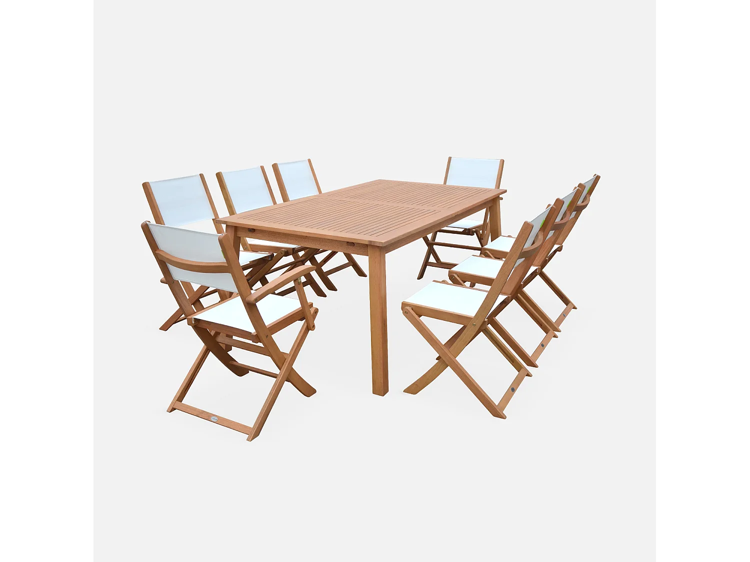 Table de jardin extensible bois d'eucalyptus + 8 assises en bois d'Eucalyptus huilé et textilène blanc