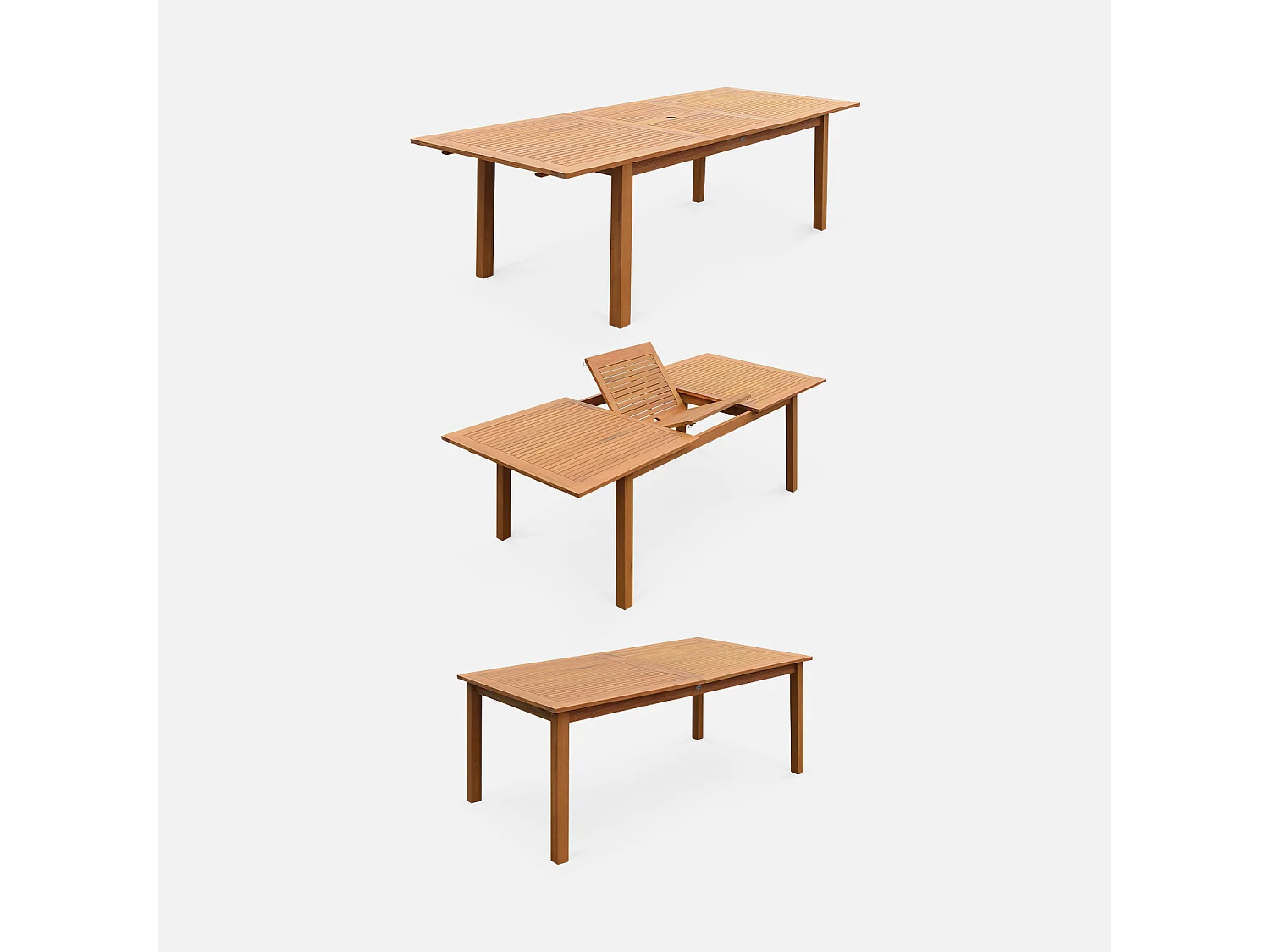 Table de jardin extensible bois d'eucalyptus + 8 assises en bois d'Eucalyptus huilé et textilène blanc