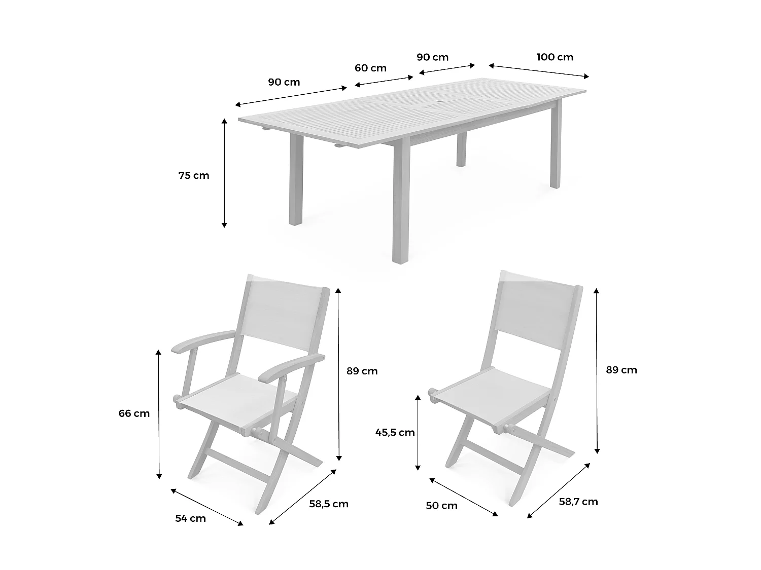 Table de jardin extensible bois d'eucalyptus + 8 assises en bois d'Eucalyptus huilé et textilène blanc