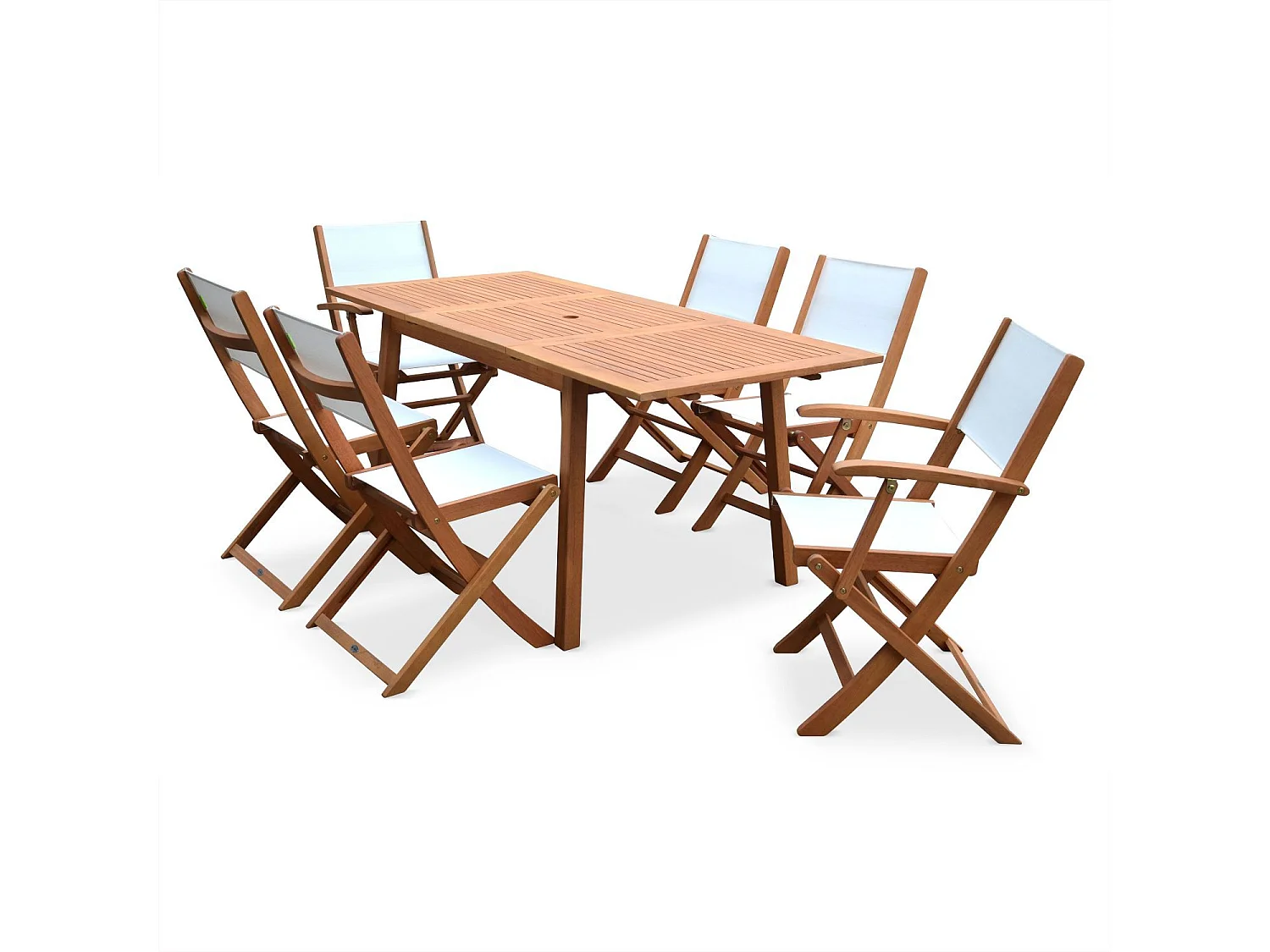 Salon de jardin en bois extensible - Almeria - Table 120/180cm avec rallonge. 2 fauteuils et 4 chaises. en bois d'Eucalyptus huilé et textilène blanc