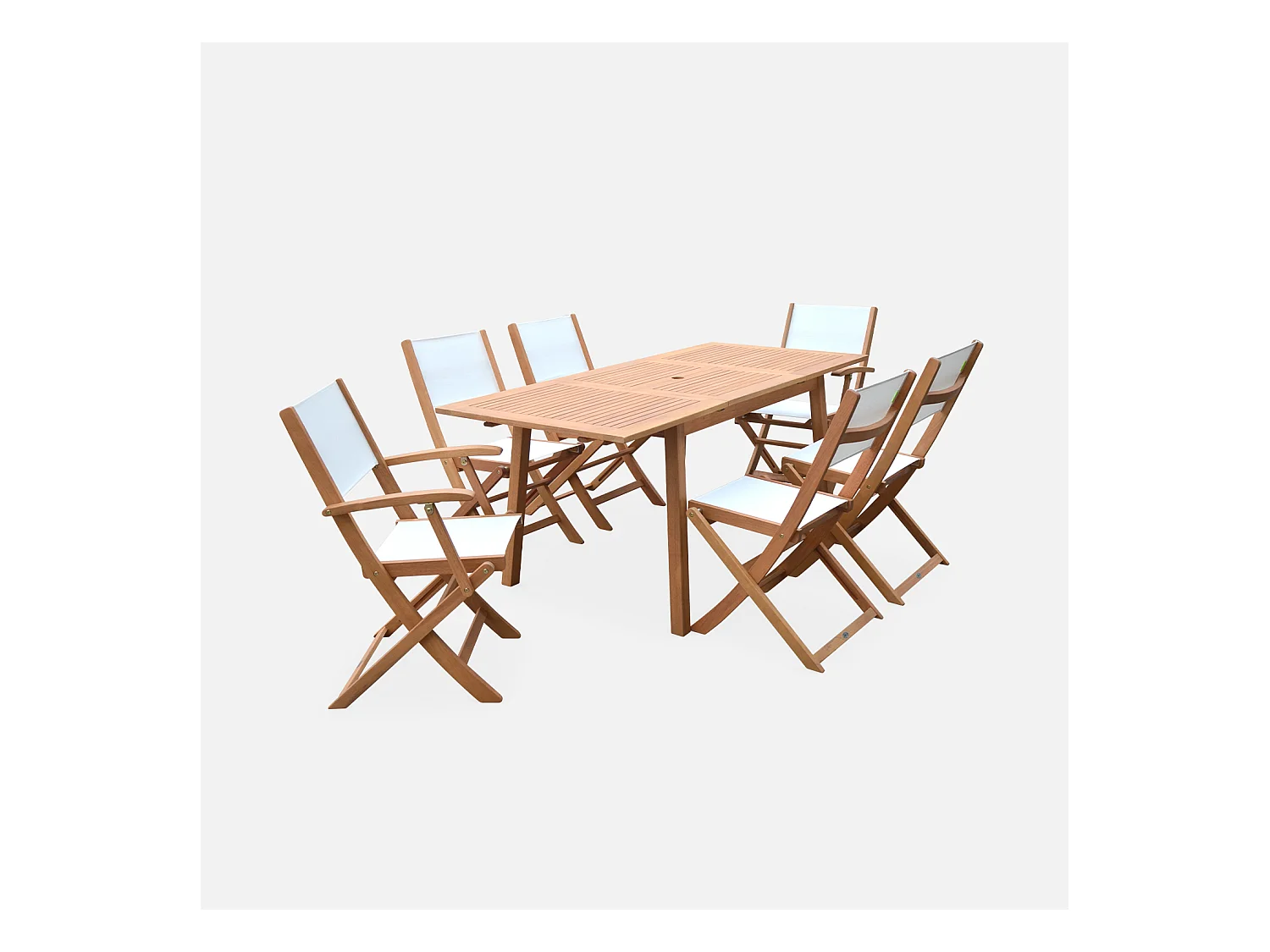 Salon de jardin en bois extensible - Almeria - Table 120/180cm avec rallonge. 2 fauteuils et 4 chaises. en bois d'Eucalyptus huilé et textilène blanc