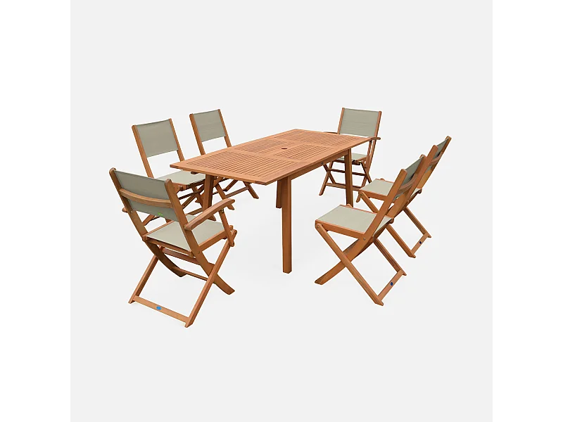 Set tavolo da giardino rettangolare allungabile in legno, 6 posti,