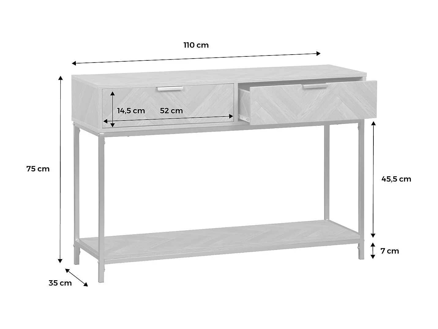 Console. Budapest. deux tiroirs. une étagère. L 110 x l 35 x H 75cm