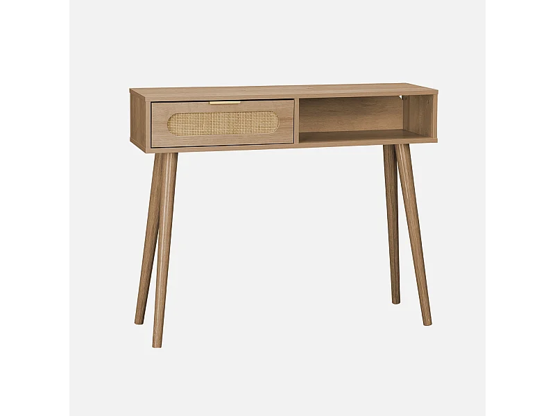 Consolle scandinava in canna e legno, 100cm, marrone naturale