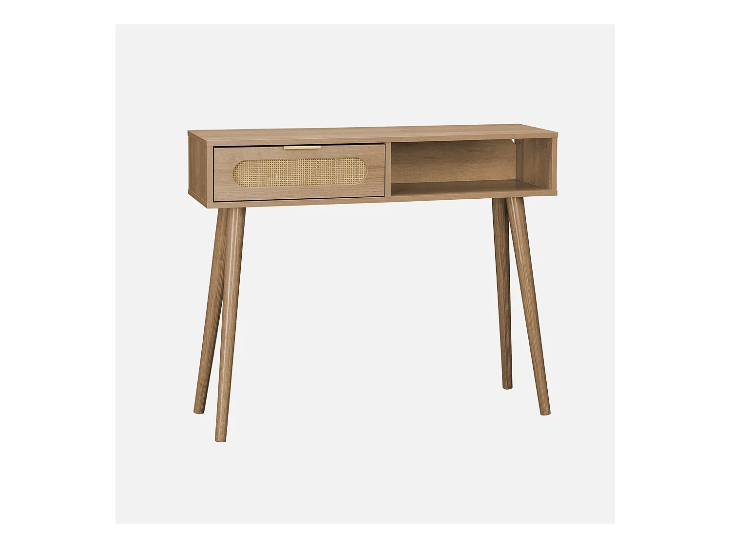 Console décor bois et cannage arrondi . Eva. 1 tiroir. 1 niche. pieds scandinaves. L 100 x l 29 x H 81cm