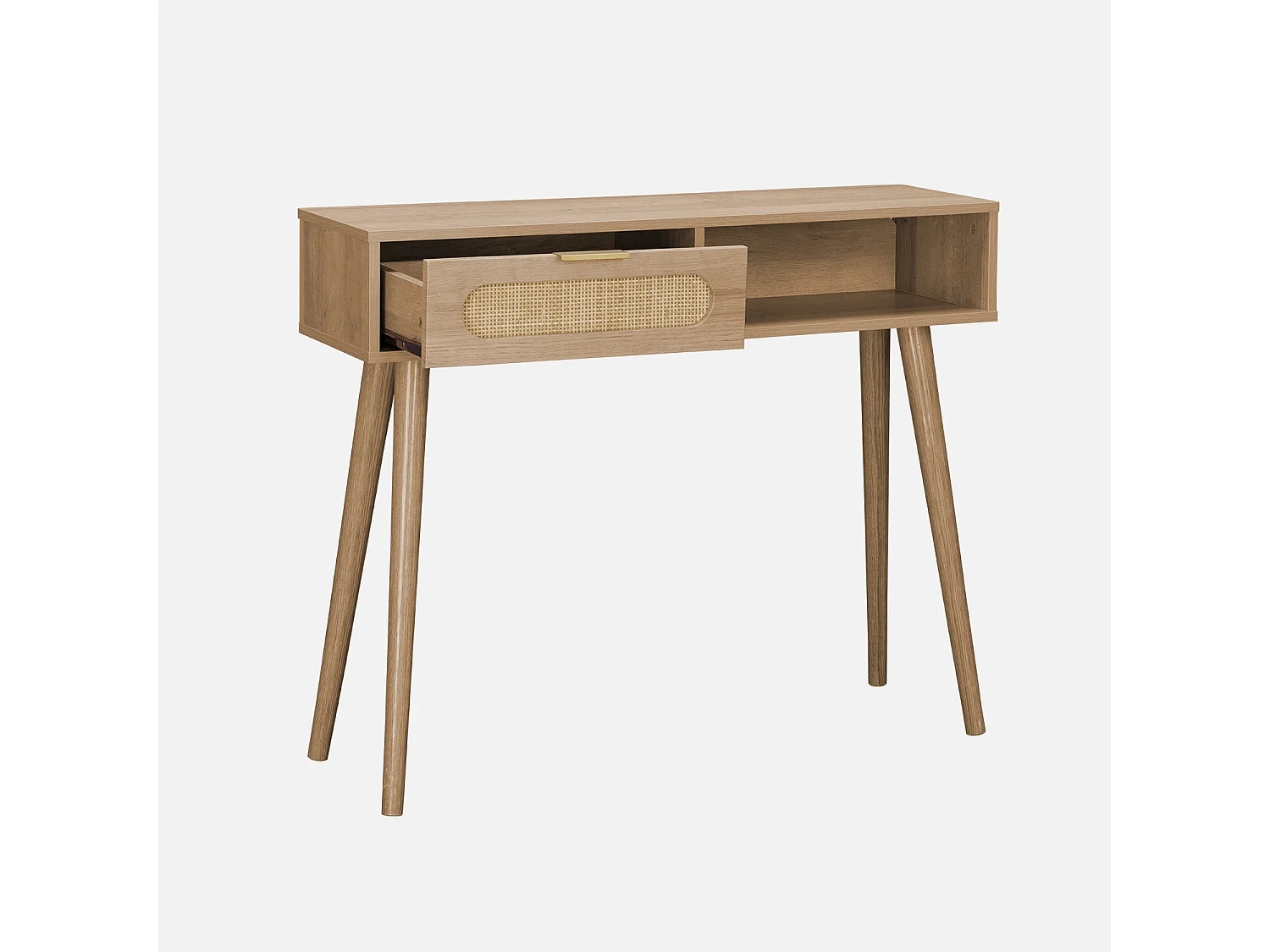 Console décor bois et cannage arrondi . Eva. 1 tiroir. 1 niche. pieds scandinaves. L 100 x l 29 x H 81cm