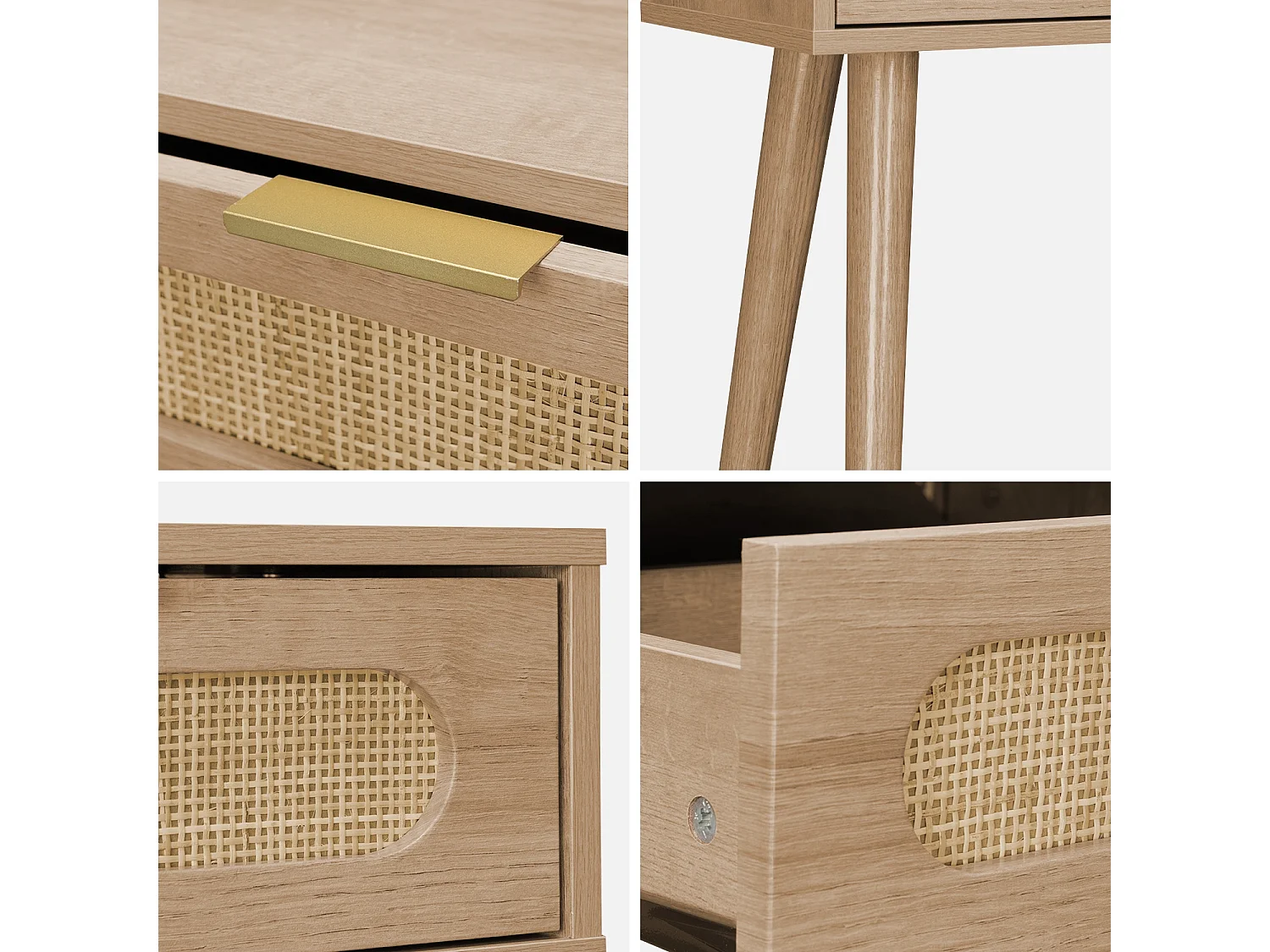 Consolle scandinava in canna e legno, 100cm, marrone naturale