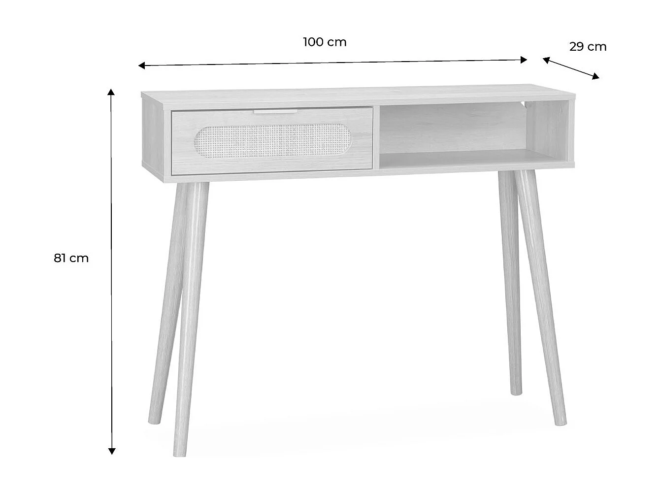 Consolle scandinava in canna e legno, 100cm, marrone naturale