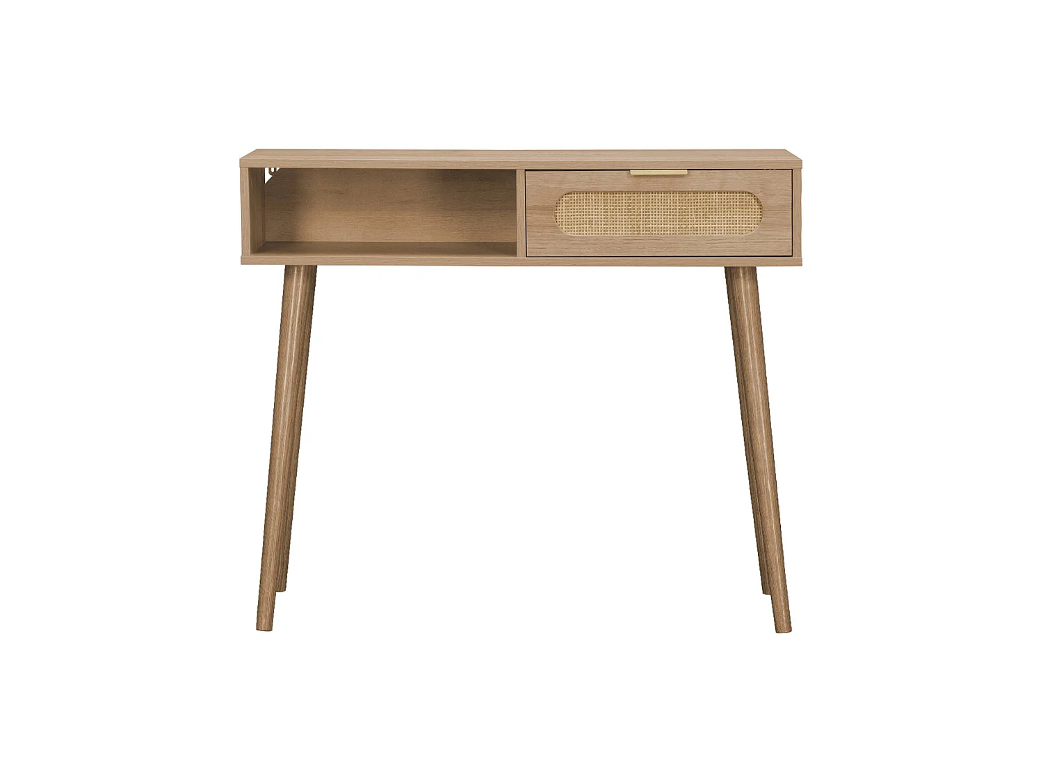 Console décor bois et cannage arrondi . Eva. 1 tiroir. 1 niche. pieds scandinaves. L 100 x l 29 x H 81cm