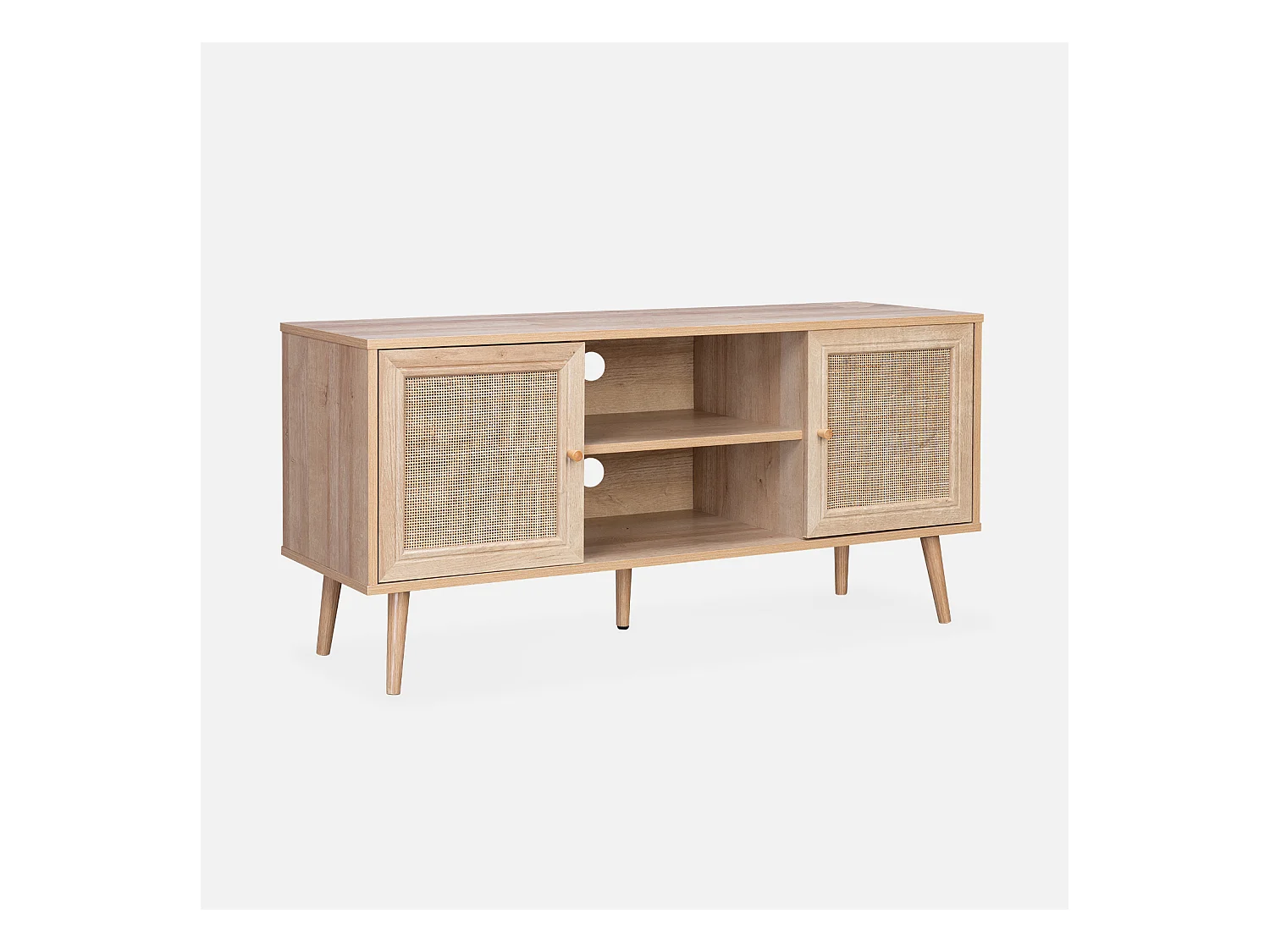 Meuble TV en cannage 120x39x56.5cm -  Bohème - Naturel. 2 niveaux. 2 étagères. 2 portes. pieds scandinaves