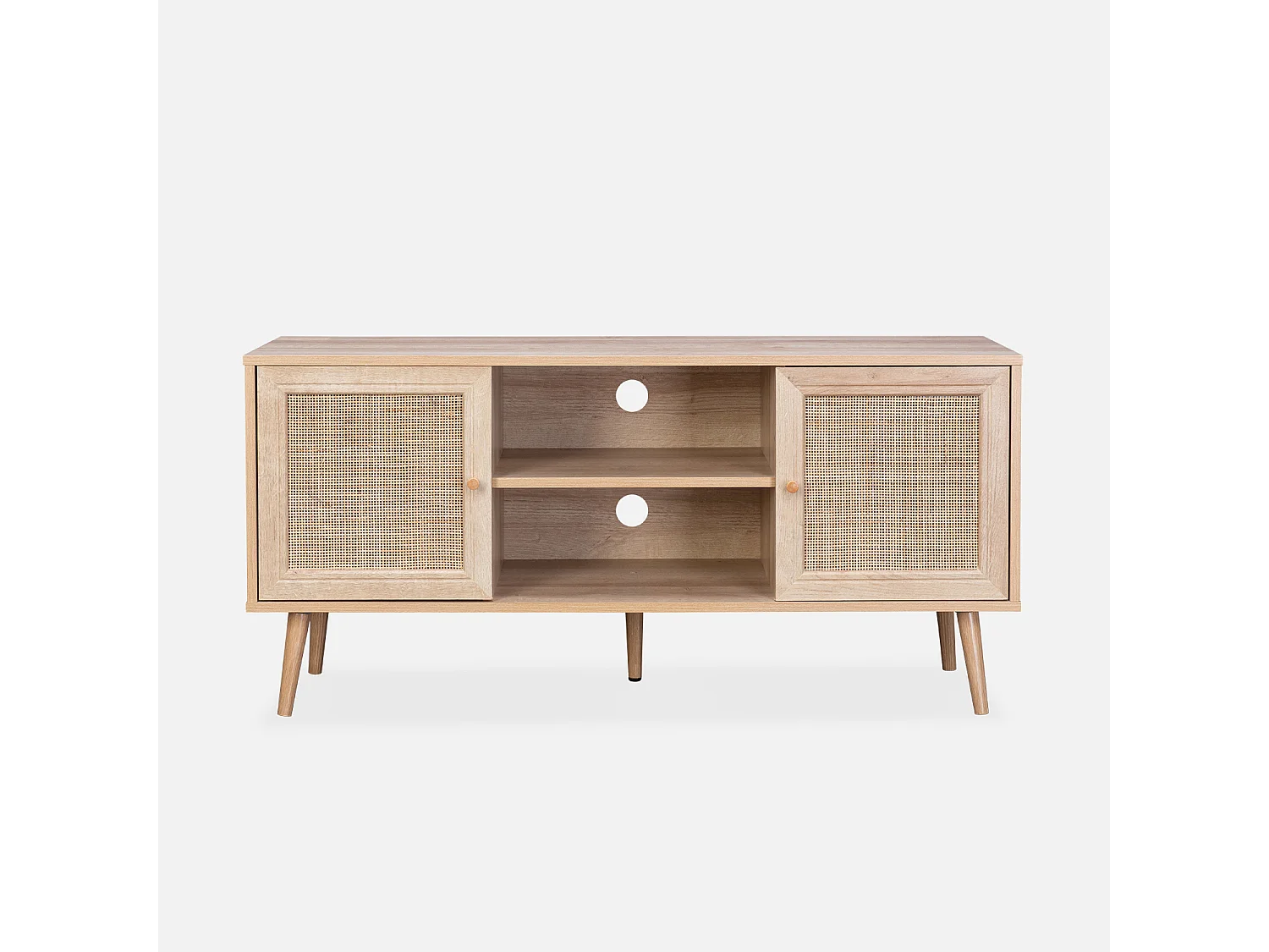 Meuble TV en cannage 120x39x56.5cm -  Bohème - Naturel. 2 niveaux. 2 étagères. 2 portes. pieds scandinaves