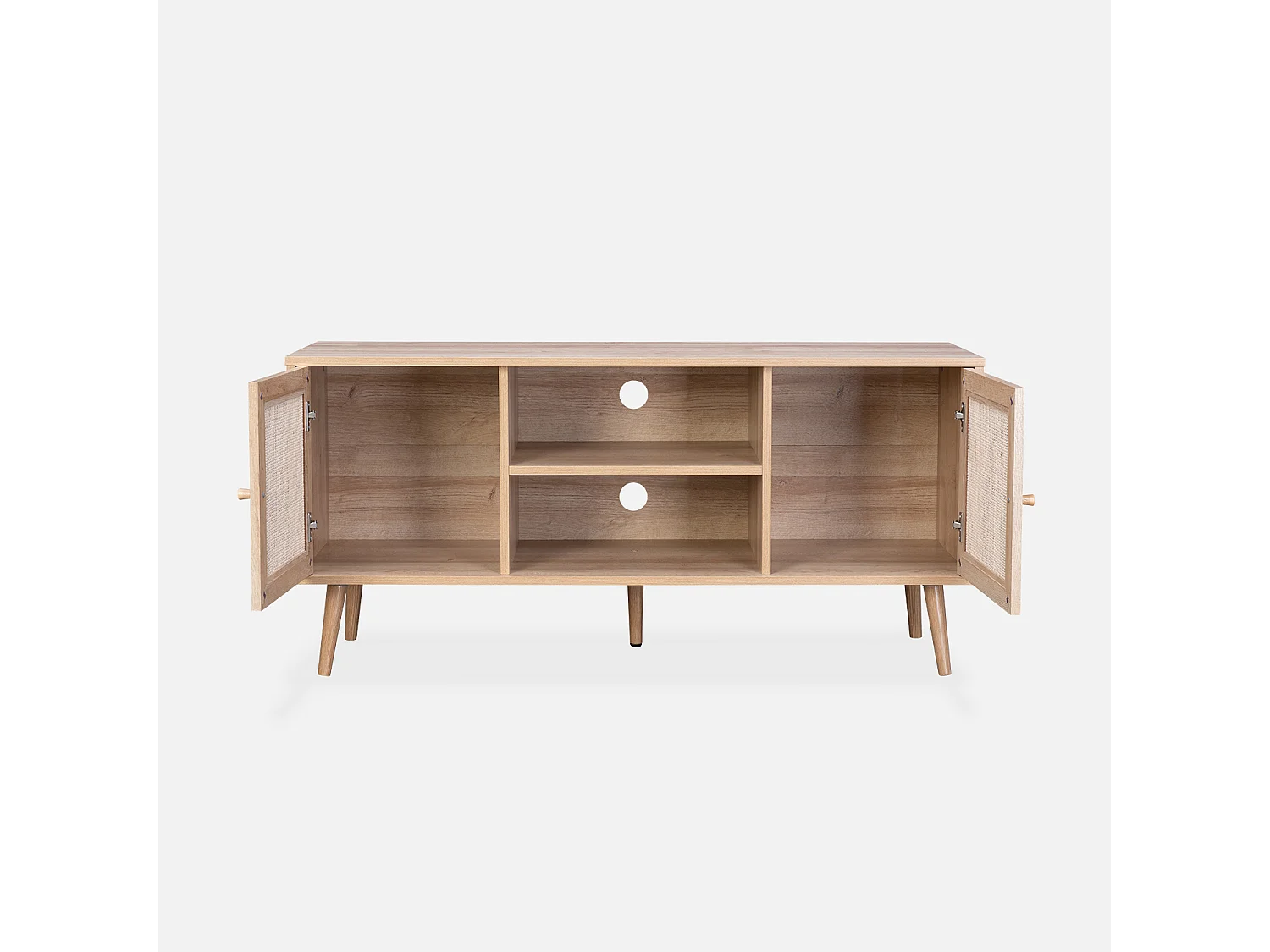 Meuble TV en cannage 120x39x56.5cm -  Bohème - Naturel. 2 niveaux. 2 étagères. 2 portes. pieds scandinaves