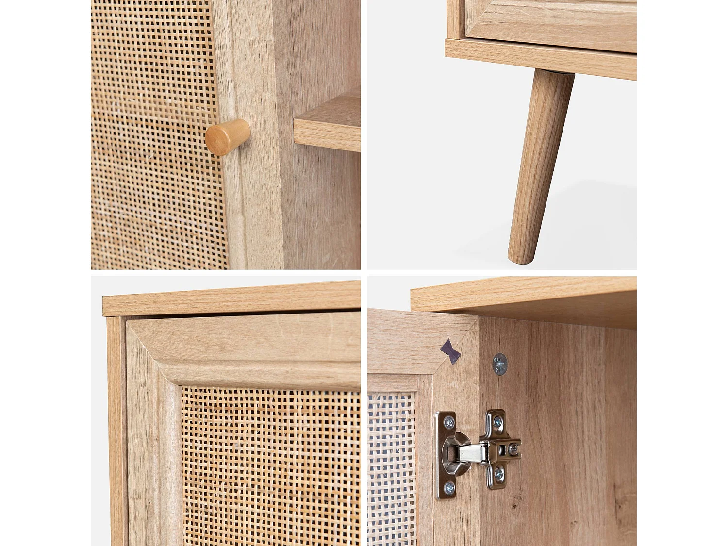 Meuble TV en cannage 120x39x56.5cm -  Bohème - Naturel. 2 niveaux. 2 étagères. 2 portes. pieds scandinaves