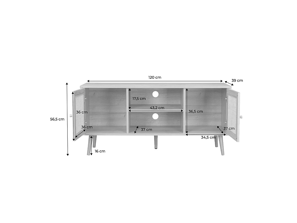 Meuble TV en cannage 120x39x56.5cm -  Bohème - Naturel. 2 niveaux. 2 étagères. 2 portes. pieds scandinaves