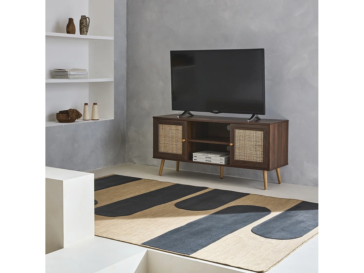 Mobile tv in cannage 2 livelli, 120cm, marrone scuro naturale