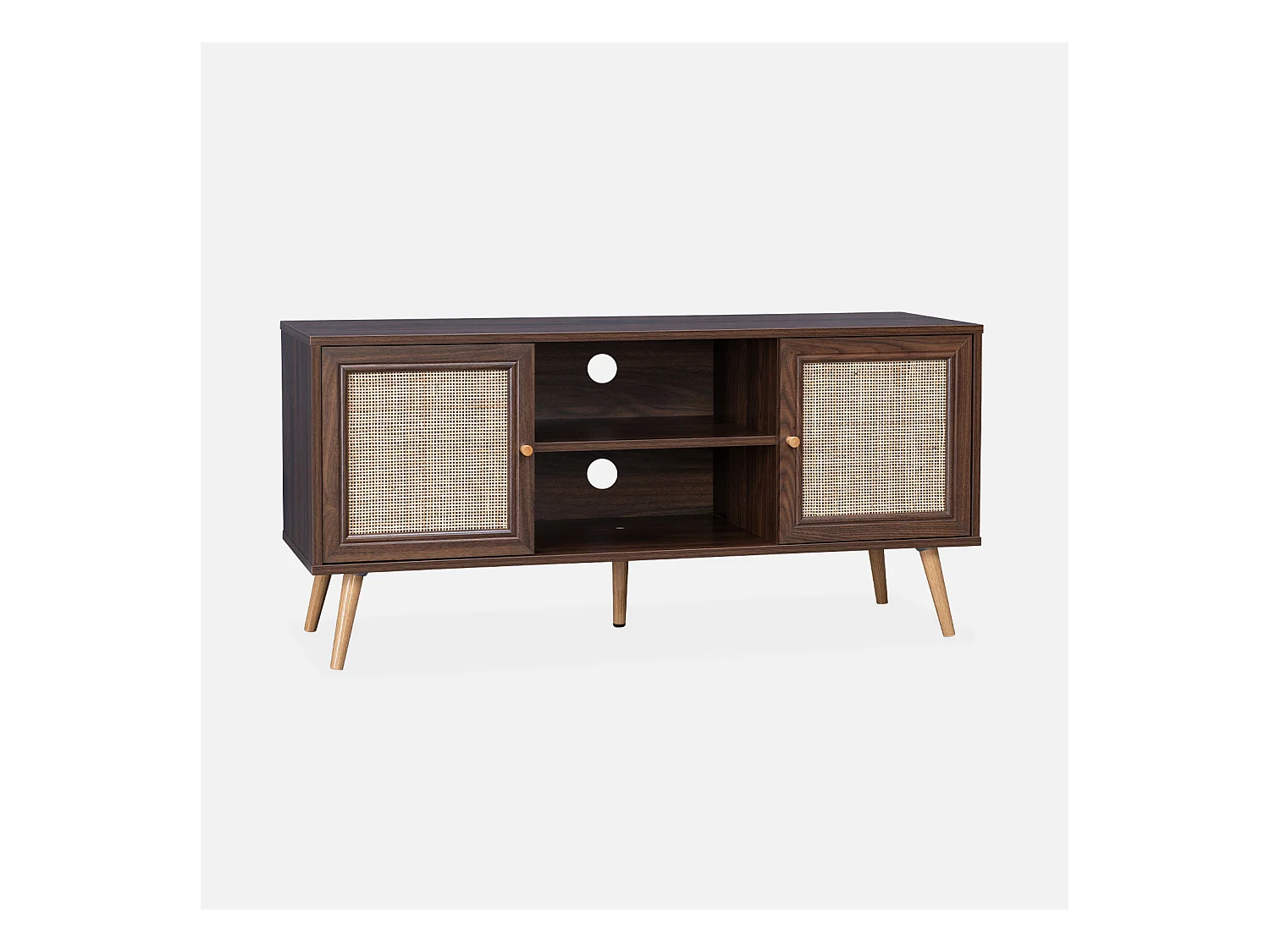 Meuble TV en cannage 120x39x56.5cm -  Bohème - couleur bois foncé. 2 niveaux. 2 étagères. 2 portes. pieds scandinaves