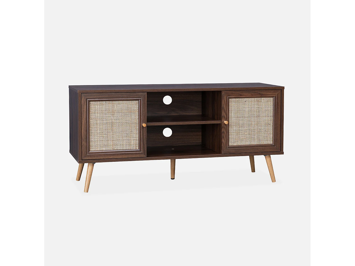 Meuble TV en cannage 120x39x56.5cm -  Bohème - couleur bois foncé. 2 niveaux. 2 étagères. 2 portes. pieds scandinaves