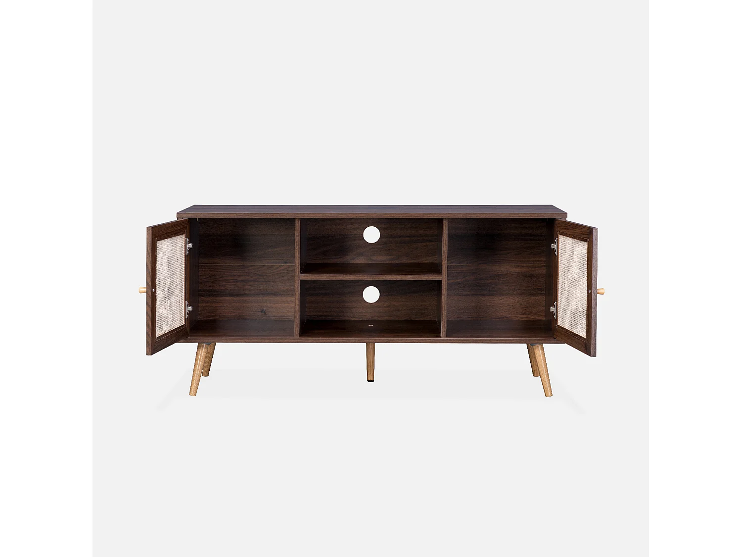 Meuble TV en cannage 120x39x56.5cm -  Bohème - couleur bois foncé. 2 niveaux. 2 étagères. 2 portes. pieds scandinaves