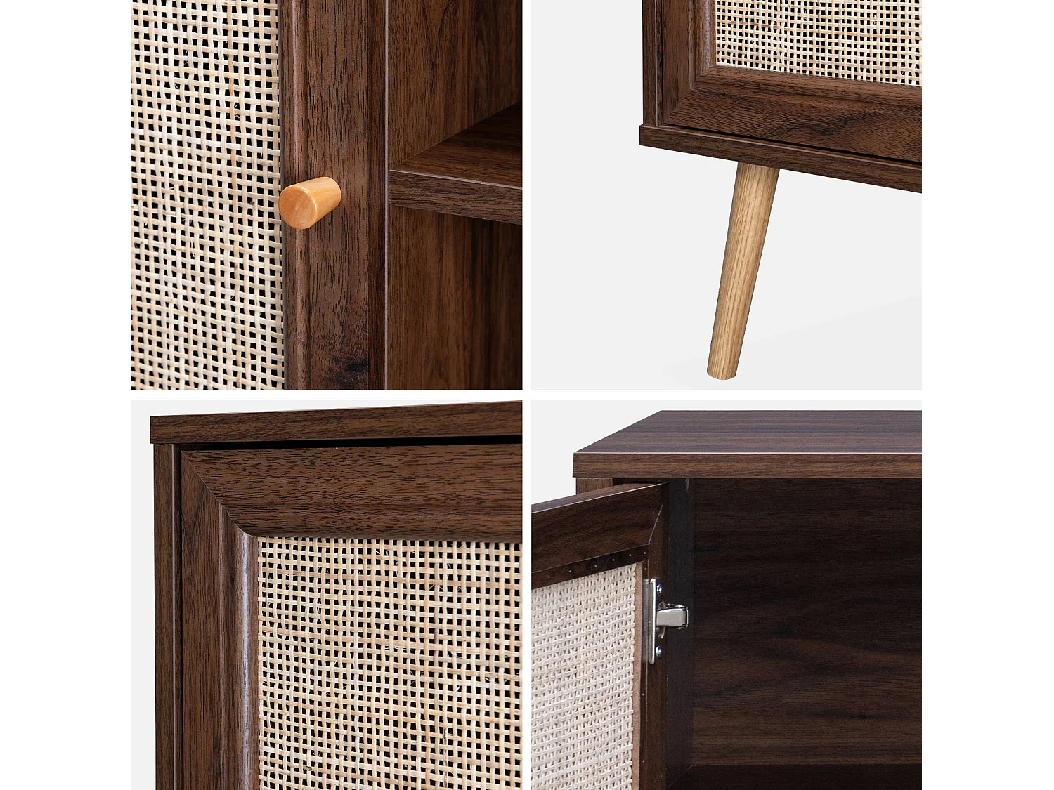 Meuble TV en cannage 120x39x56.5cm -  Bohème - couleur bois foncé. 2 niveaux. 2 étagères. 2 portes. pieds scandinaves