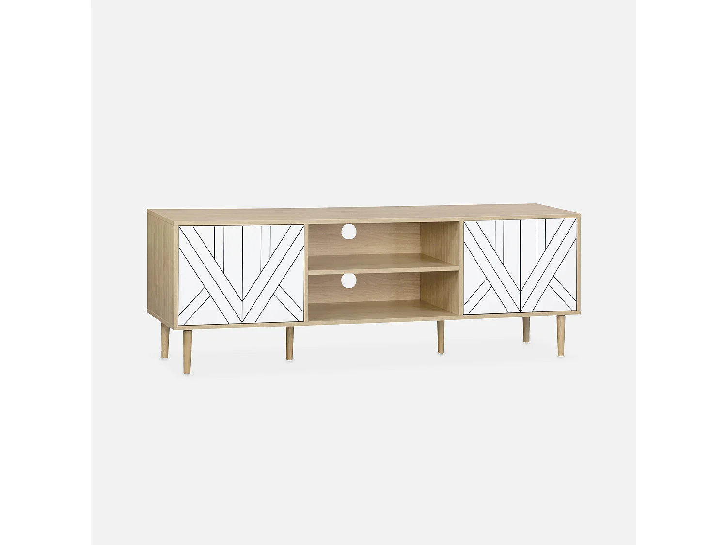 Meuble TV décor bois & blanc - Mika - 2 niveaux. 3 étagères. 2 portes. L 160 x l 40 x H 56cm