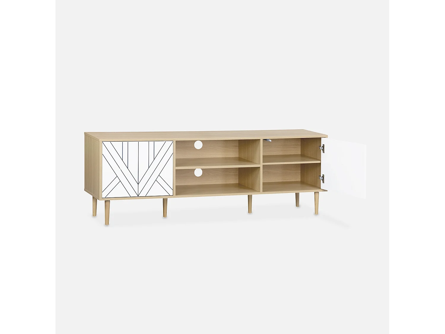 Meuble TV décor bois & blanc - Mika - 2 niveaux. 3 étagères. 2 portes. L 160 x l 40 x H 56cm