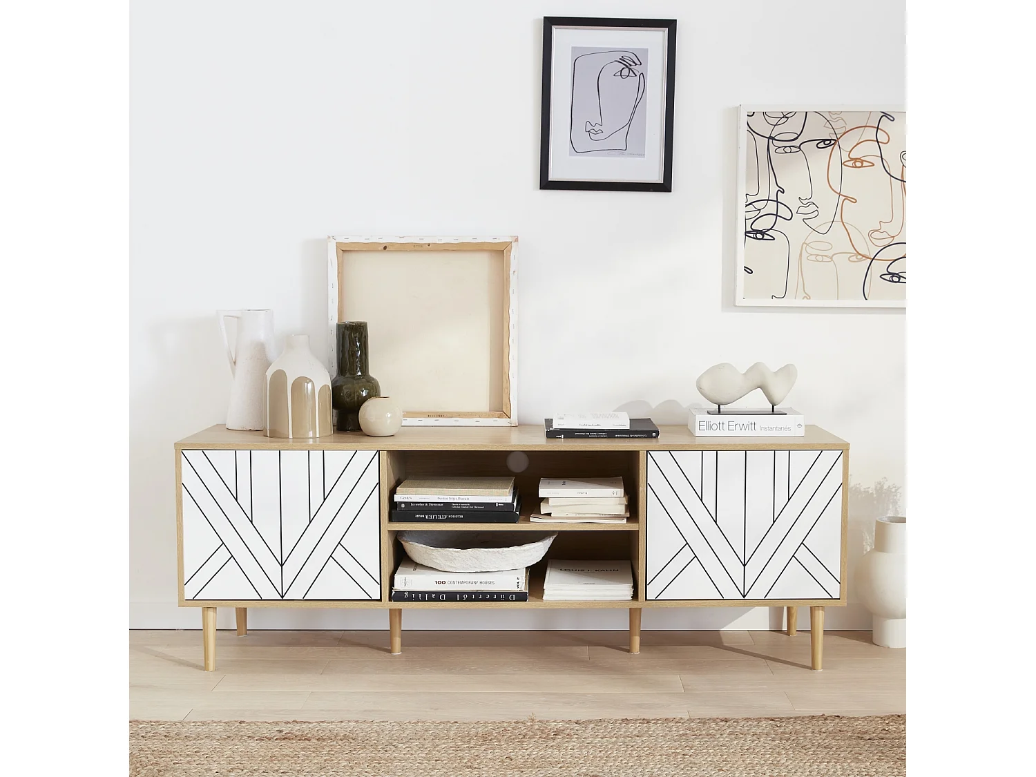 Meuble TV décor bois & blanc - Mika - 2 niveaux. 3 étagères. 2 portes. L 160 x l 40 x H 56cm