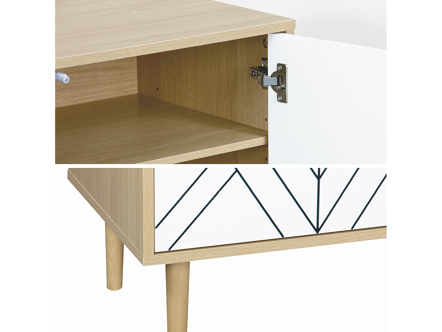 Meuble TV décor bois & blanc - Mika - 2 niveaux. 3 étagères. 2 portes. L 160 x l 40 x H 56cm