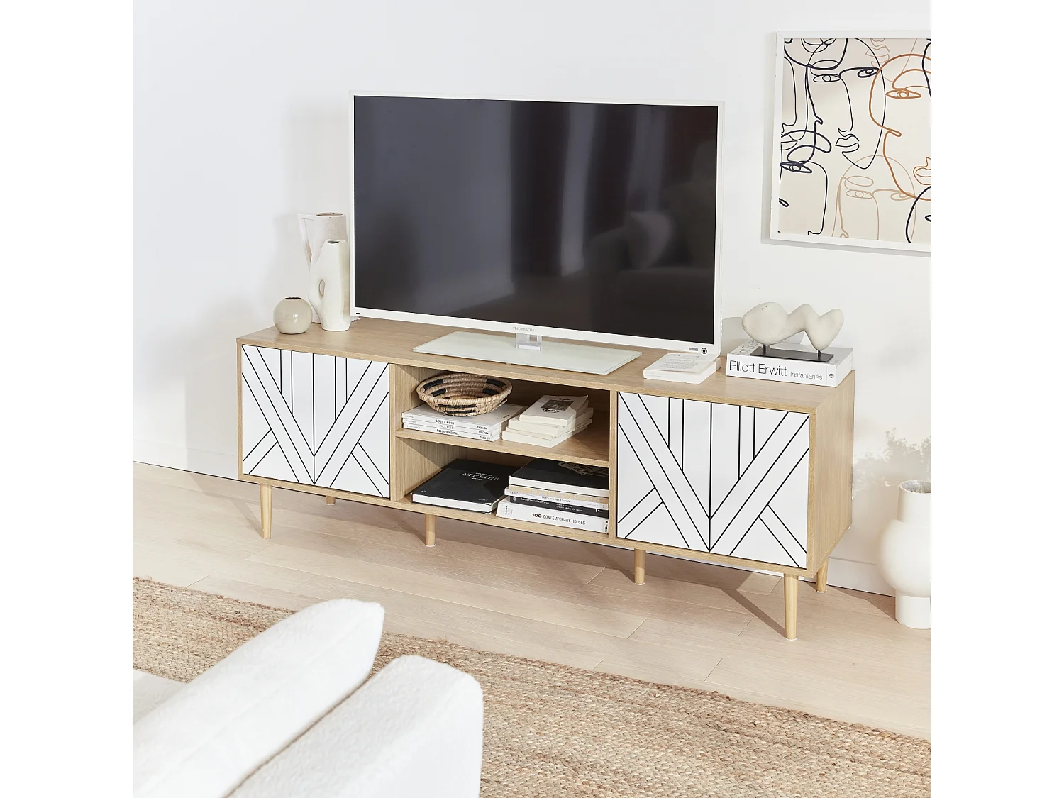 Meuble TV décor bois & blanc - Mika - 2 niveaux. 3 étagères. 2 portes. L 160 x l 40 x H 56cm