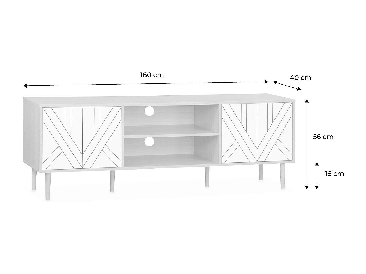 Meuble TV décor bois & blanc - Mika - 2 niveaux. 3 étagères. 2 portes. L 160 x l 40 x H 56cm
