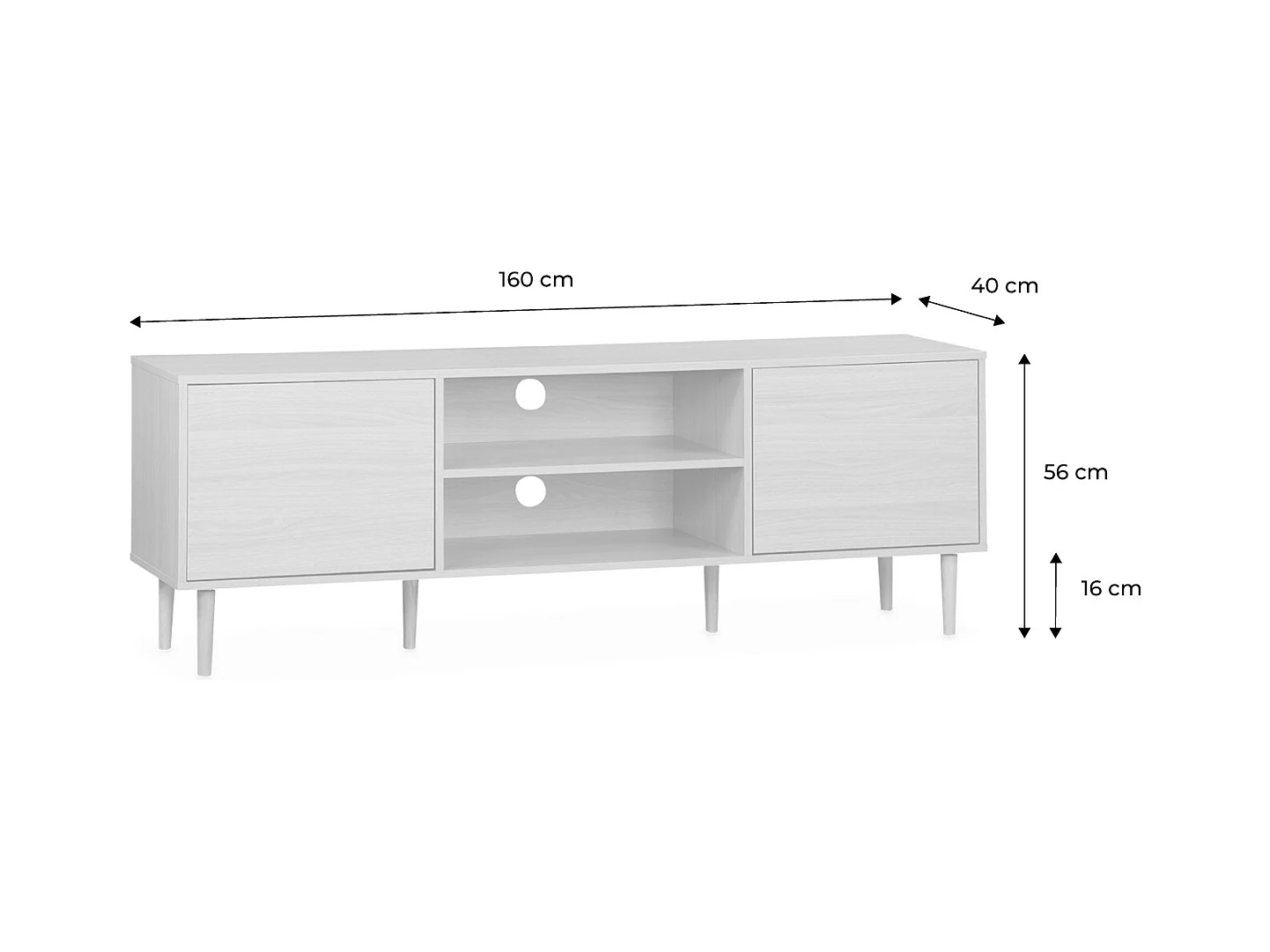 Meuble TV décor bois - Mika - 2 niveaux. 3 étagères. 2 portes. L 160 x l 40 x H 56cm