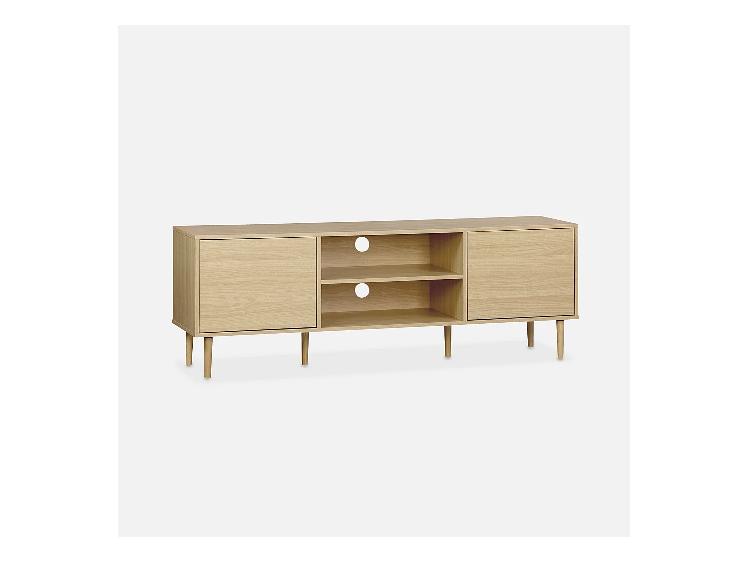 Meuble TV décor bois - Mika - 2 niveaux. 3 étagères. 2 portes. L 160 x l 40 x H 56cm