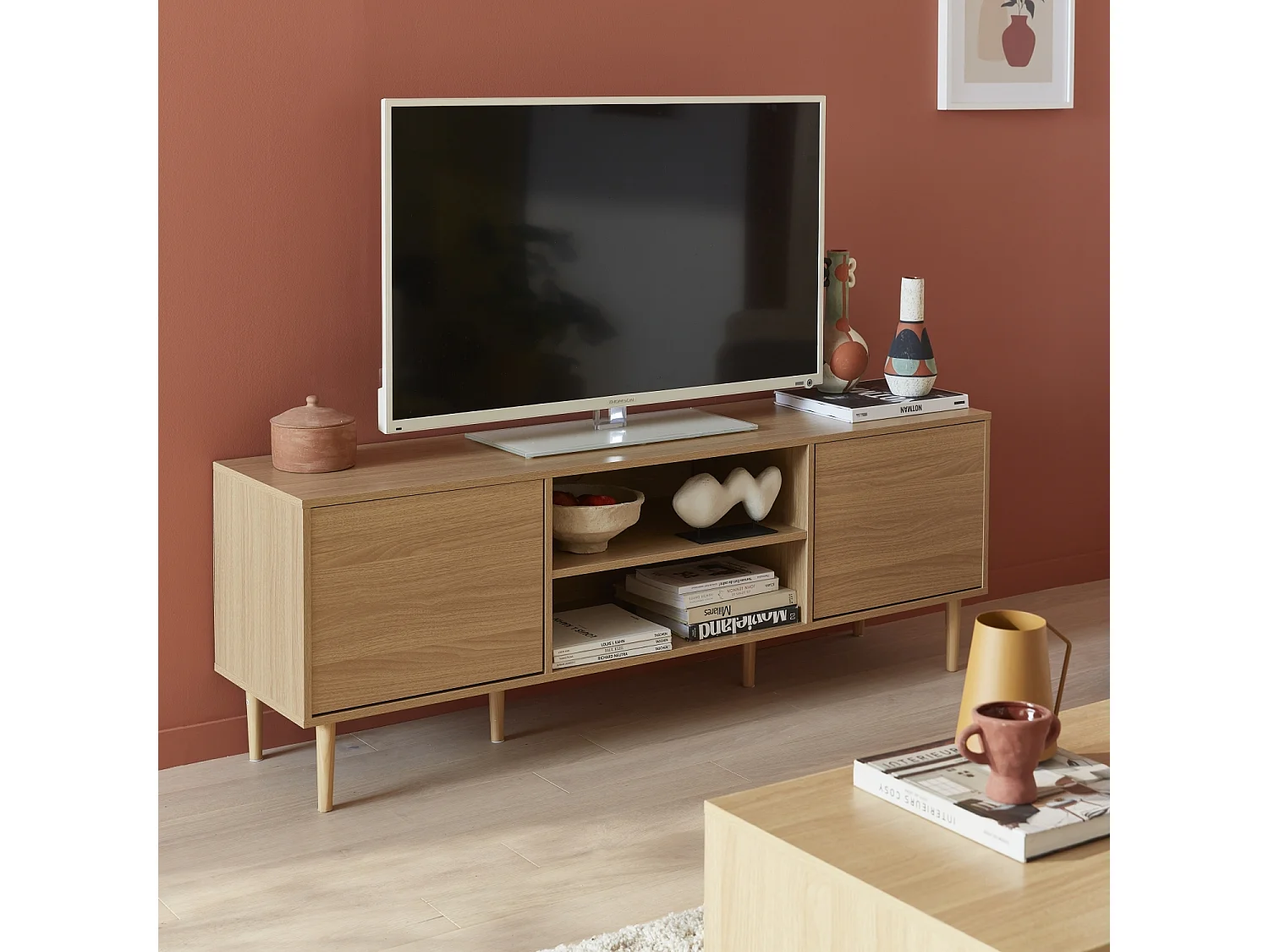 Meuble TV décor bois - Mika - 2 niveaux. 3 étagères. 2 portes. L 160 x l 40 x H 56cm